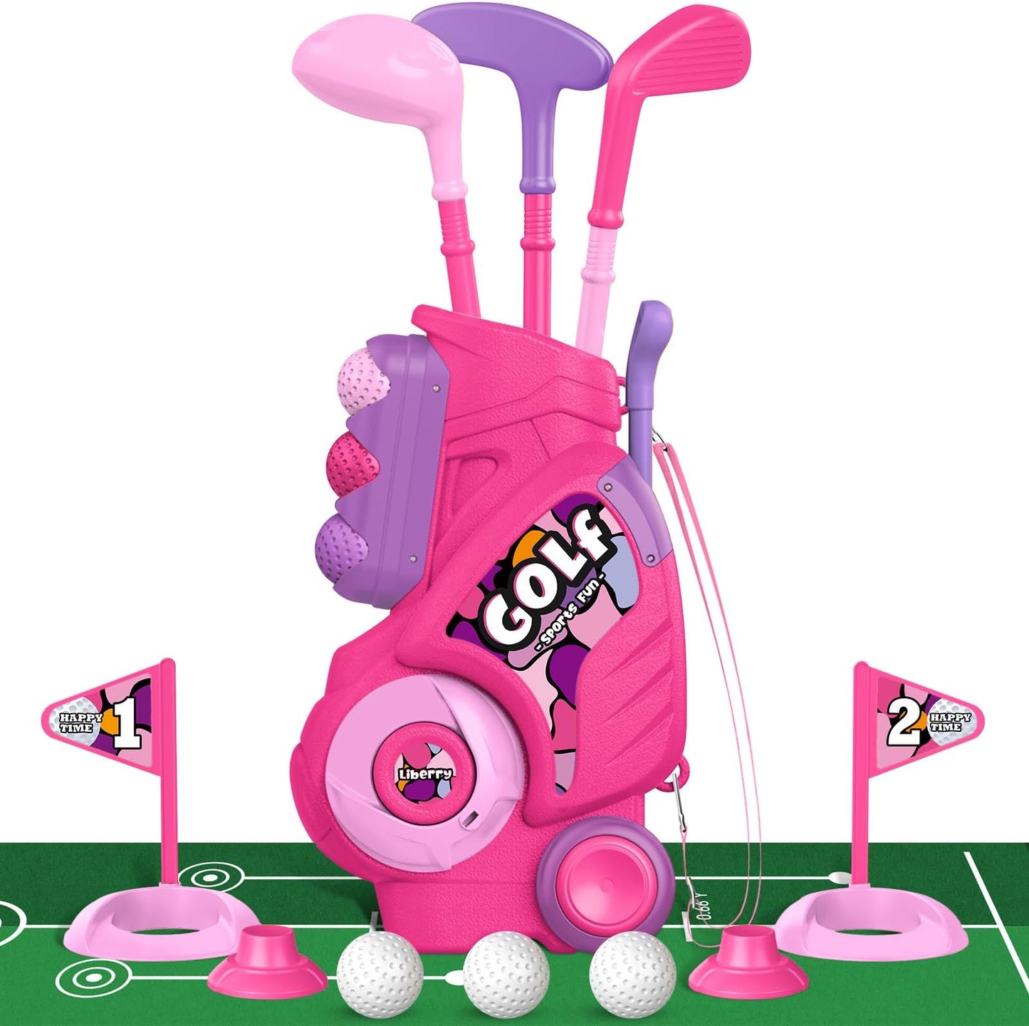 Liberry Toddler Golf Clubs Set Toy For 1 2 3 4 Years Old Boys Girls, Blue | Upgraded Kids Golf Cart, Shoulder Strap Design, Indoor And Outdoor Sports Game, Birthday Gifts For Baby - Pink With Mat