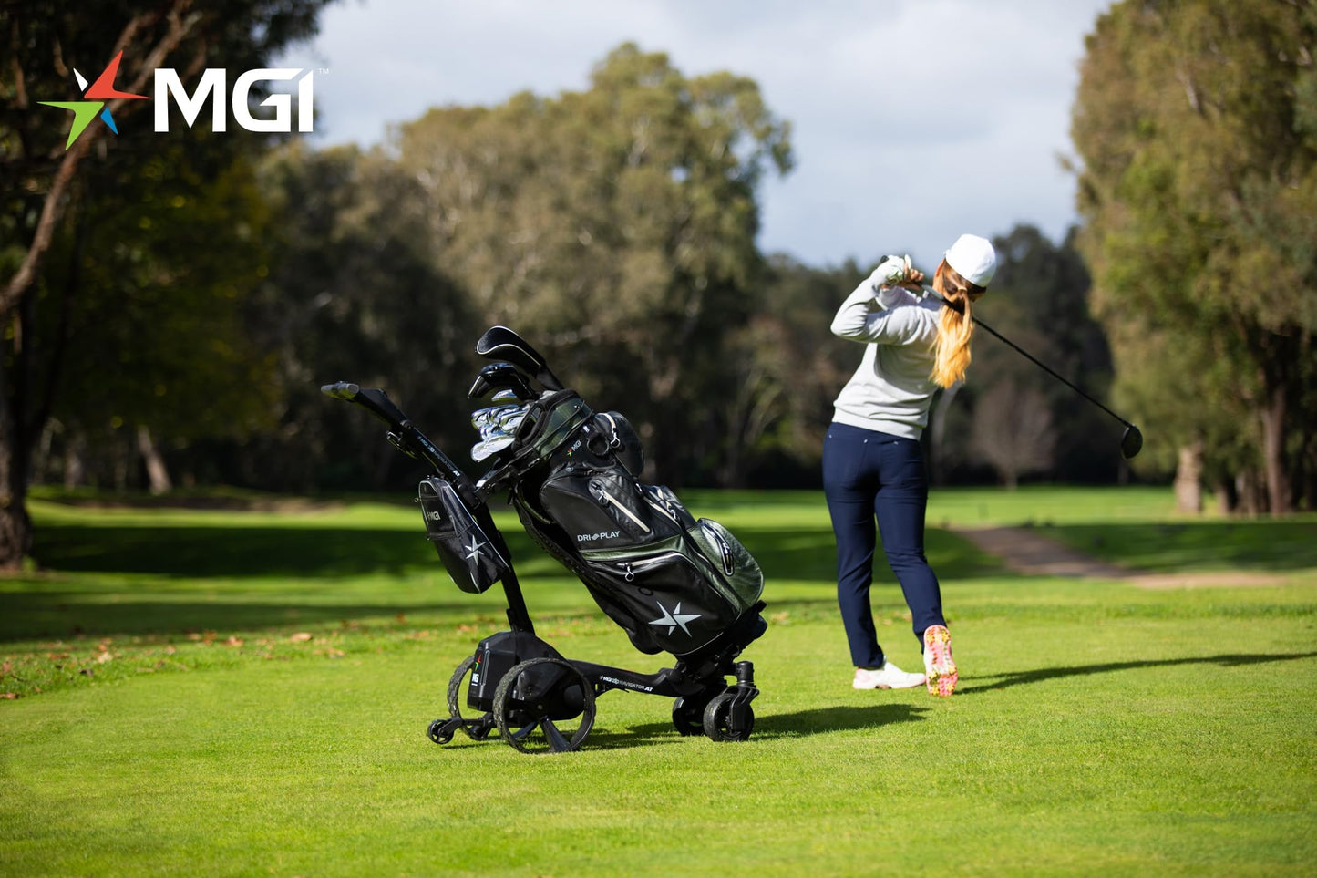 Mgi Zip Navigator All Terrain Electric Golf Cart - 36 Hole Battery - Remote Control - (drink, Umbrella, Gps-Phone) - Gloss Black-Matte Black