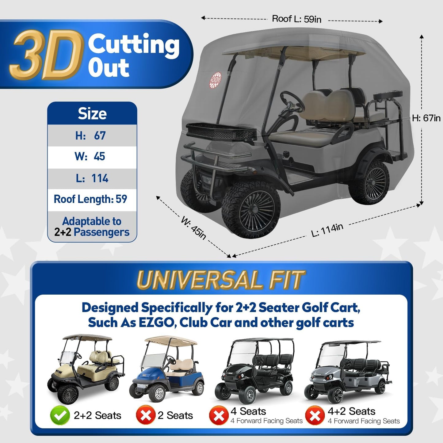 Nokins 420d Waterproof 2+2 Specialized Golf Cart Cover,oxford Fabric Cover Fit For Most Standard 2+2 Seater Golf Cart Ezgo, Club Car, Protects Your Car From Wind And Rain,black - Fit Most Standard 2+2 Seater Golf Cart