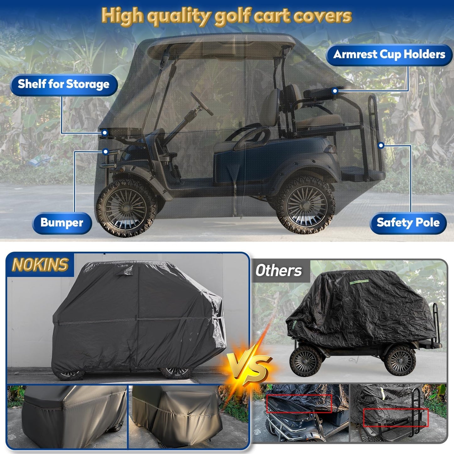 Nokins 420d Waterproof 2+2 Specialized Golf Cart Cover,oxford Fabric Cover Fit For Most Standard 2+2 Seater Golf Cart Ezgo, Club Car, Protects Your Car From Wind And Rain,black - Fit Most Standard 2+2 Seater Golf Cart
