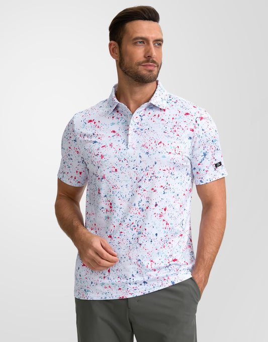 Obla Mens Golf Polo Shirts Short Sleeve Dry Fit Performance Moisture Wicking Casual Print Collared Golf Shirts For Men - White Colored Dots