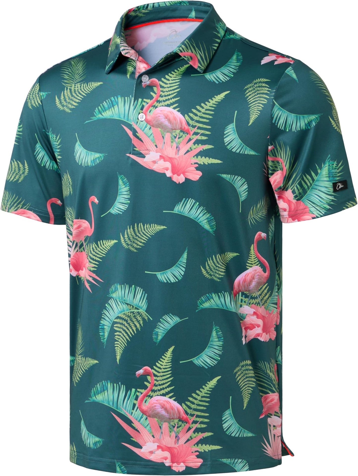 Obla Mens Golf Polo Shirts Short Sleeve Dry Fit Performance Moisture Wicking Casual Print Collared Golf Shirts For Men - Green Flamingo
