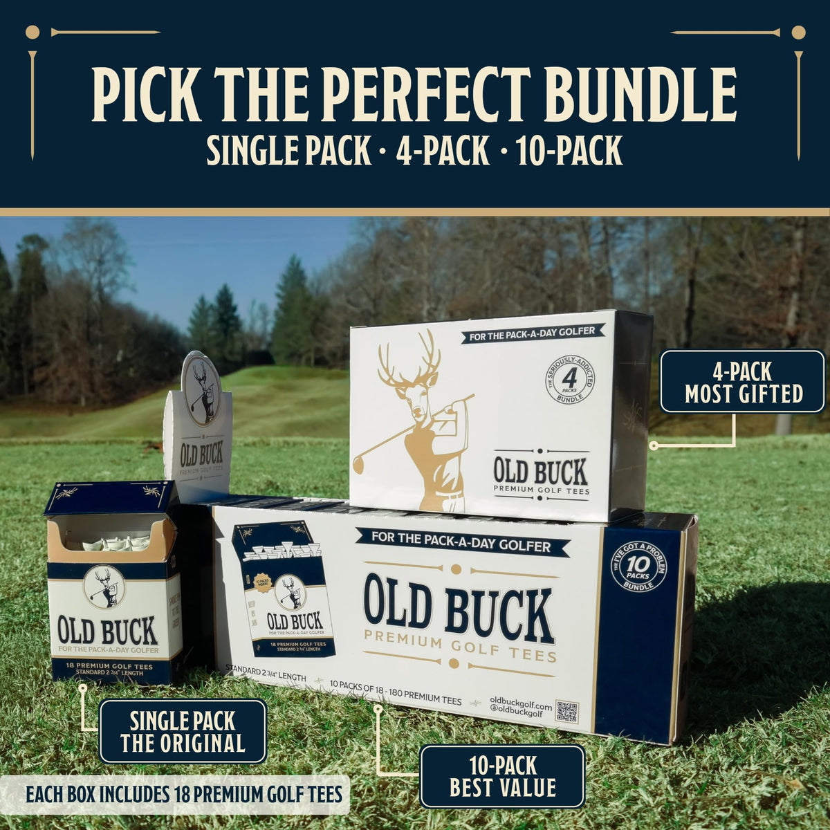 Old Buck 2 3/4" Bamboo Golf Tees, Premium Wooden Driver Tees In Cigarette-Style Carton — 18 Tees — Novelty Golf Gift For Men, Dad & Groomsmen - Single (18 Tees)