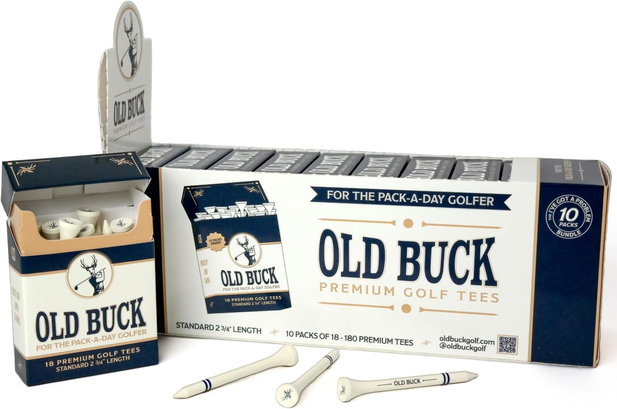 Old Buck 2 3/4" Bamboo Golf Tees, Premium Wooden Driver Tees In Cigarette-Style Carton — 18 Tees — Novelty Golf Gift For Men, Dad & Groomsmen - 10 Pack (180 Tees)