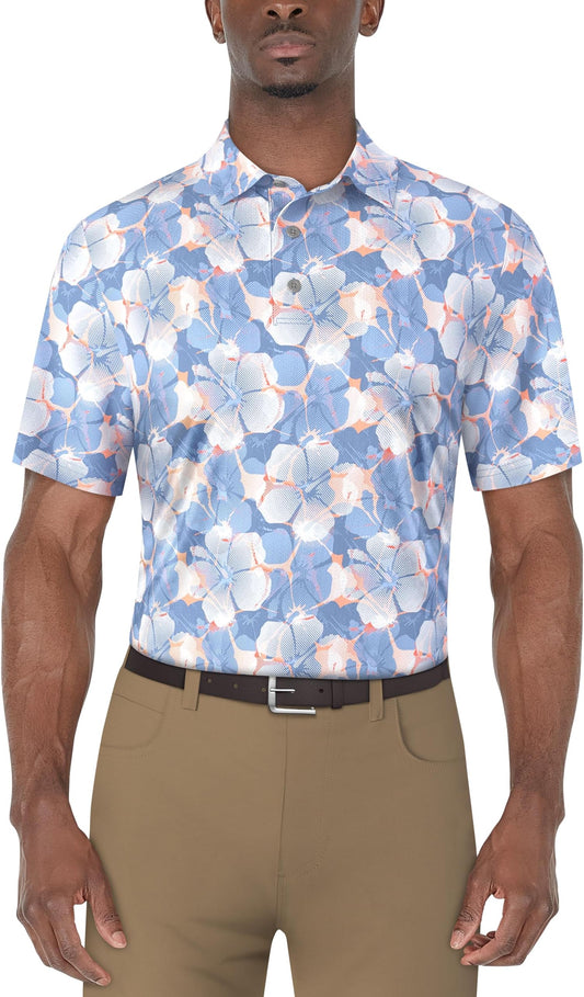 Pga Tour Men's Short Sleeve Printed Golf Polo Shirt (available In Big & Tall) - Blissful Blue
