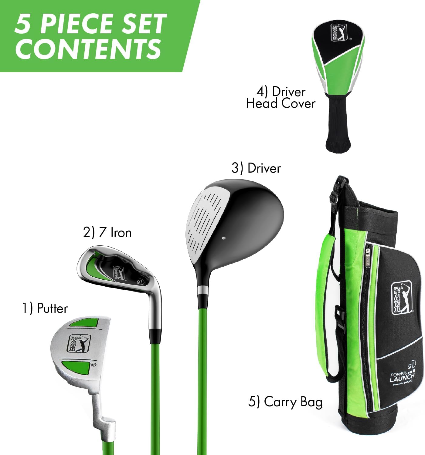 Pga Tour Youth Golf Club Set – Ages 3-5 (3’6”-4’1”) And 5-8 (4’1” - 4'8") Right And Left Handed Beginner Junior Golf Clubs With Lightweight Golf Bag, Mallet Putter, Driver By Golfgen - Ages 3-5: 5 Pc Set (green,new)