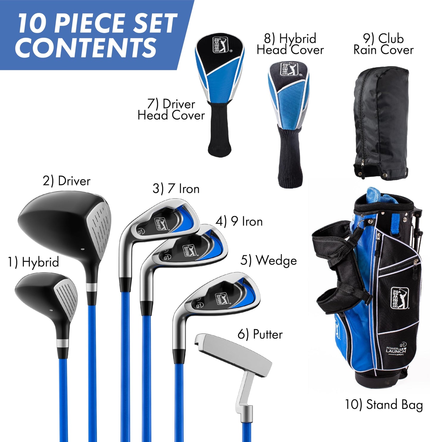 Pga Tour Youth Golf Club Set For Ages 8-12 & 12+ (4’8”–5’10”), Right And Left-Handed Kids Golf Sets – Beginner Junior Golf Clubs With Lightweight Stand Bag, Mallet Putter, Hybrid, Driver - Ages 8-12: 10 Pc Set (new)