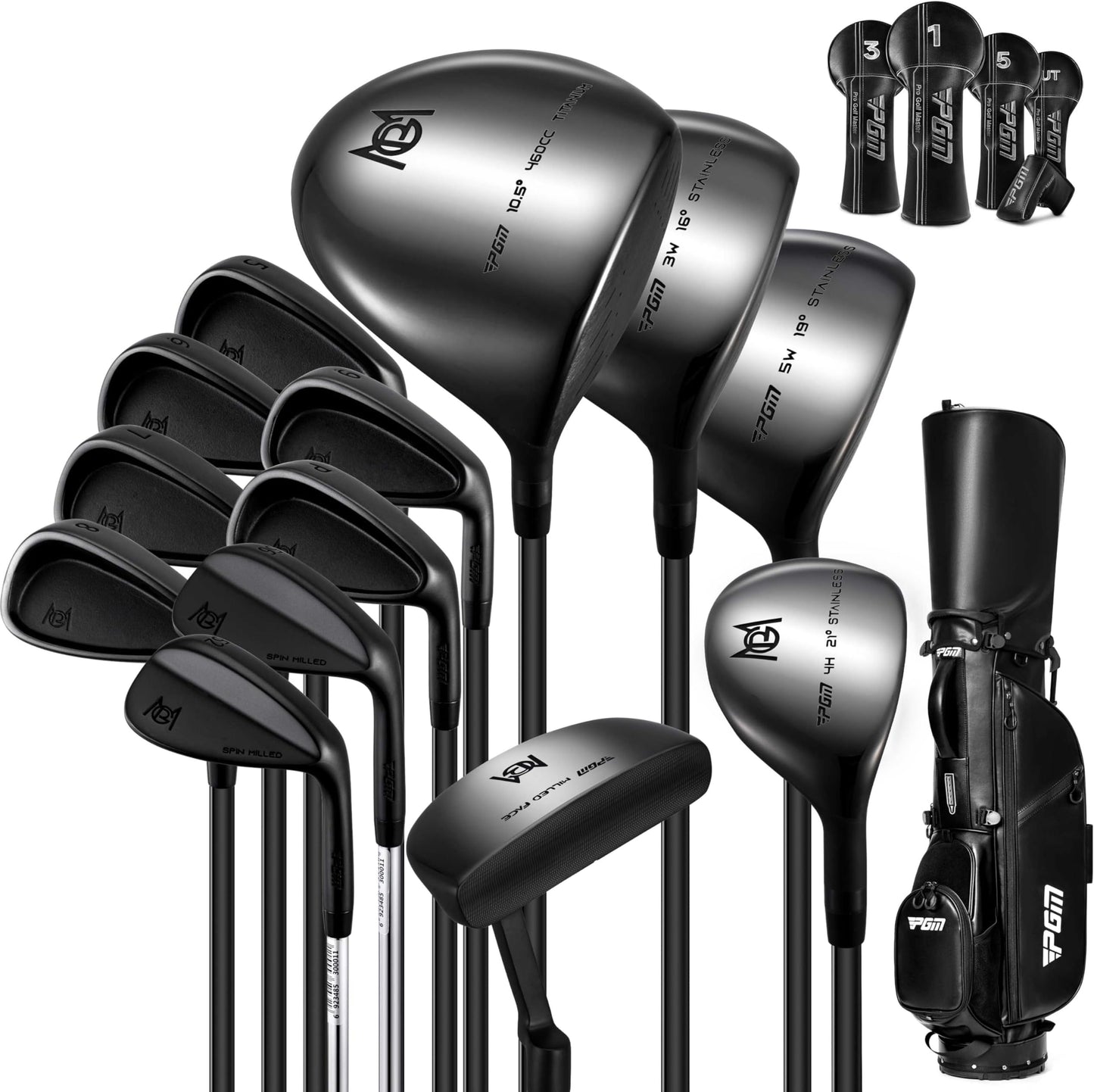 Pgm 19 Piece Men's Complete Golf Club Sets - Ultra-Thin Face Titanium Driver (0.85+ Cor), High Cor Fairway Woods, Forged Irons, Precision Cnc Milled Putter, With Stand Bag - Right Handed - Black