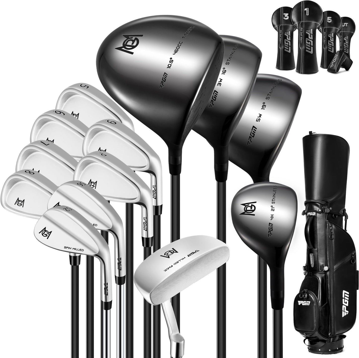 Pgm 19 Piece Men's Complete Golf Club Sets - Ultra-Thin Face Titanium Driver (0.85+ Cor), High Cor Fairway Woods, Forged Irons, Precision Cnc Milled Putter, With Stand Bag - Right Handed - Black & Silver