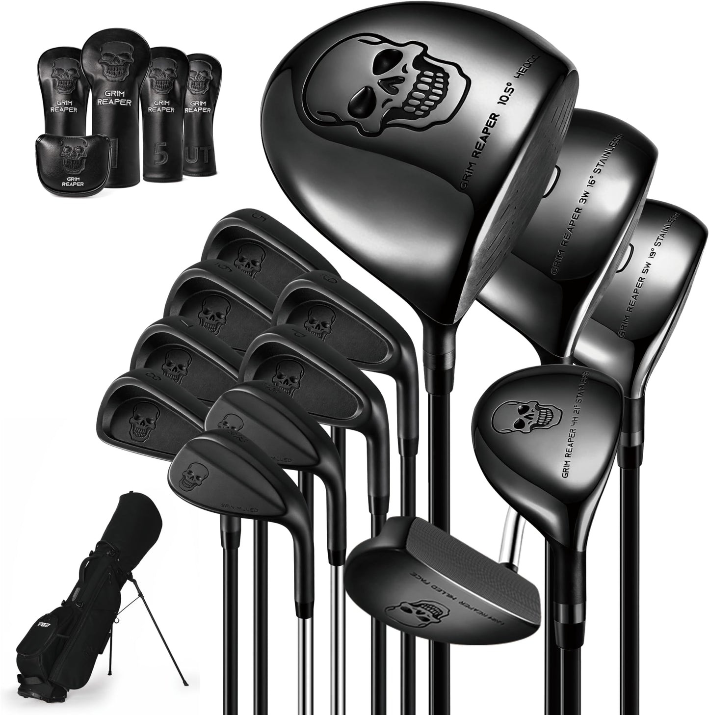 Pgm 19 Piece Men's Complete Golf Club Sets - Ultra-Thin Face Titanium Driver (0.85+ Cor), High Cor Fairway Woods, Forged Irons, Precision Cnc Milled Putter, With Stand Bag - Right Handed - Skull