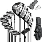 PGM Men's Complete Golf Club Set - 12 Pieces - Titanium Driver, Woods, Hybrid, Irons, Wedge & Putter with Stand Bag