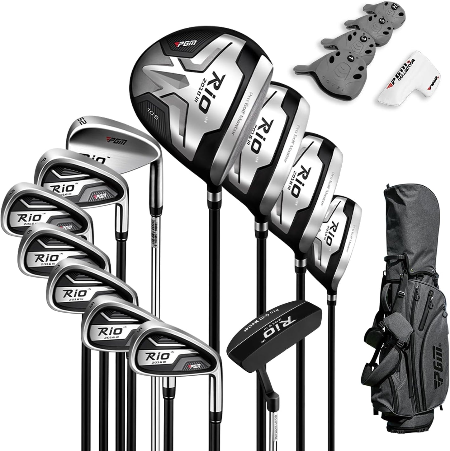 PGM Men's Complete Golf Club Set - 12 Pieces - Titanium Driver, Woods, Hybrid, Irons, Wedge & Putter with Stand Bag