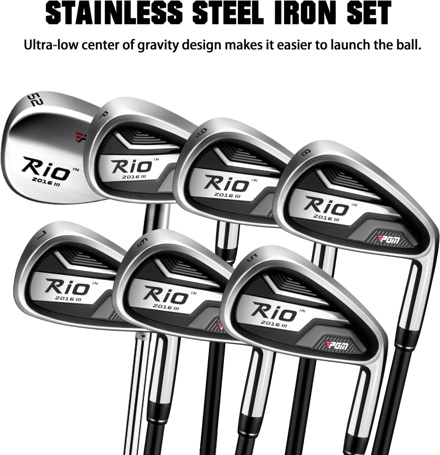 PGM Men's Complete Golf Club Set - 12 Pieces - Titanium Driver, Woods, Hybrid, Irons, Wedge & Putter with Stand Bag