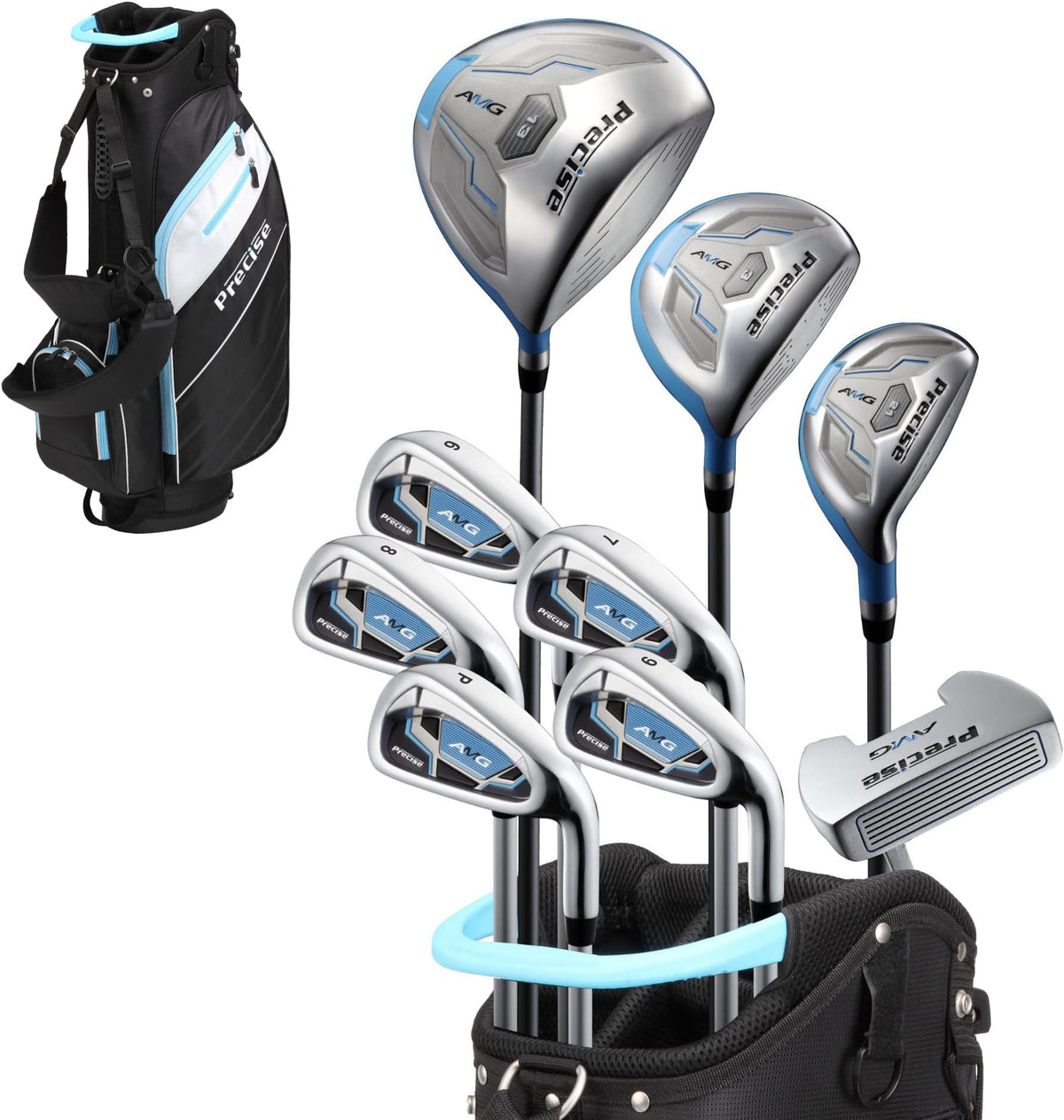 Precise Amg - Women's Complete Golf Club Set | Beginner Friendly, Driver, Fairway & Hybrid, Irons, Putter, Stand Bag, Petite & Regular, Right Hand, 2 Colours - Light Blue