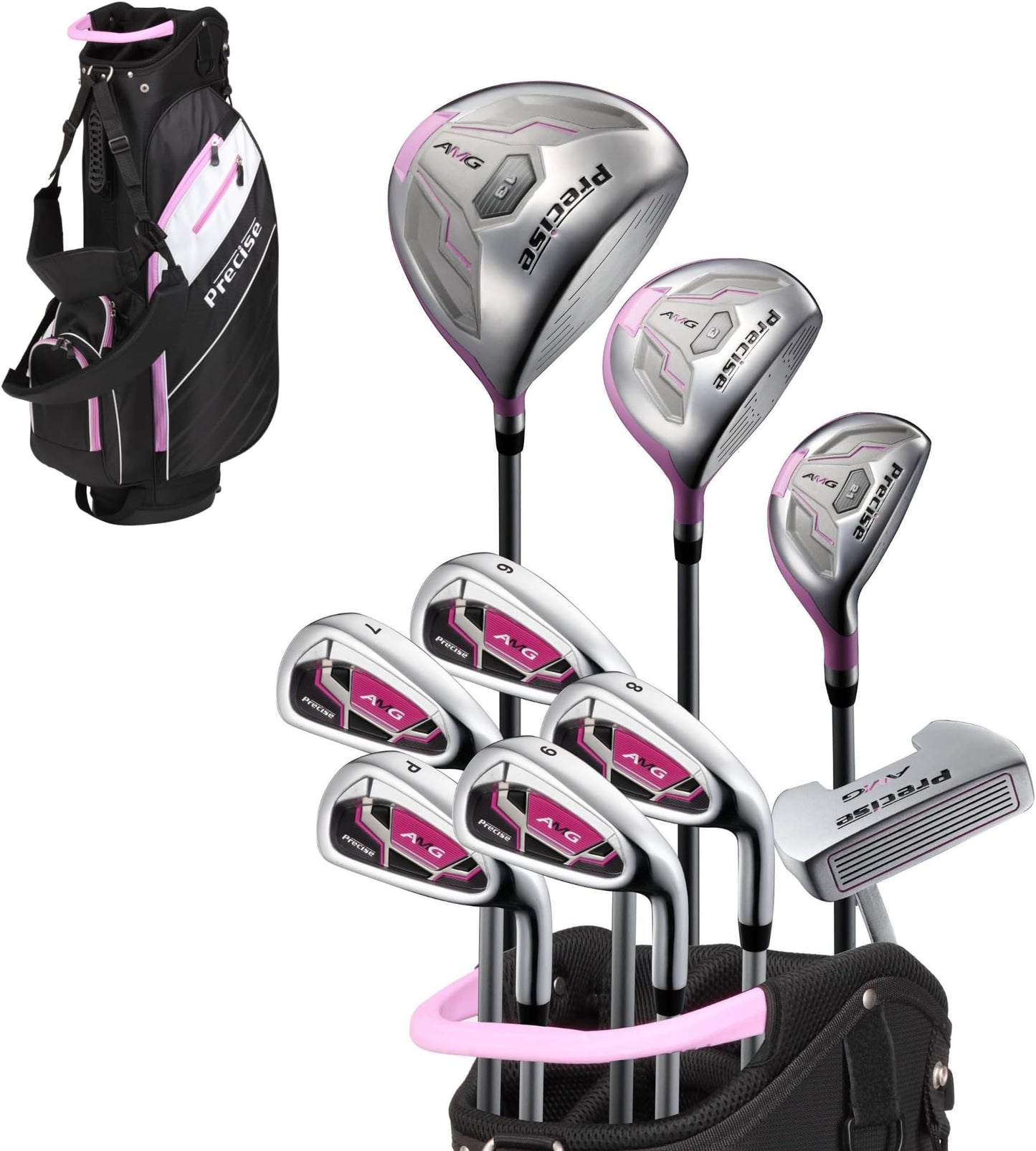 Precise Amg - Women's Complete Golf Club Set | Beginner Friendly, Driver, Fairway & Hybrid, Irons, Putter, Stand Bag, Petite & Regular, Right Hand, 2 Colours - Pink