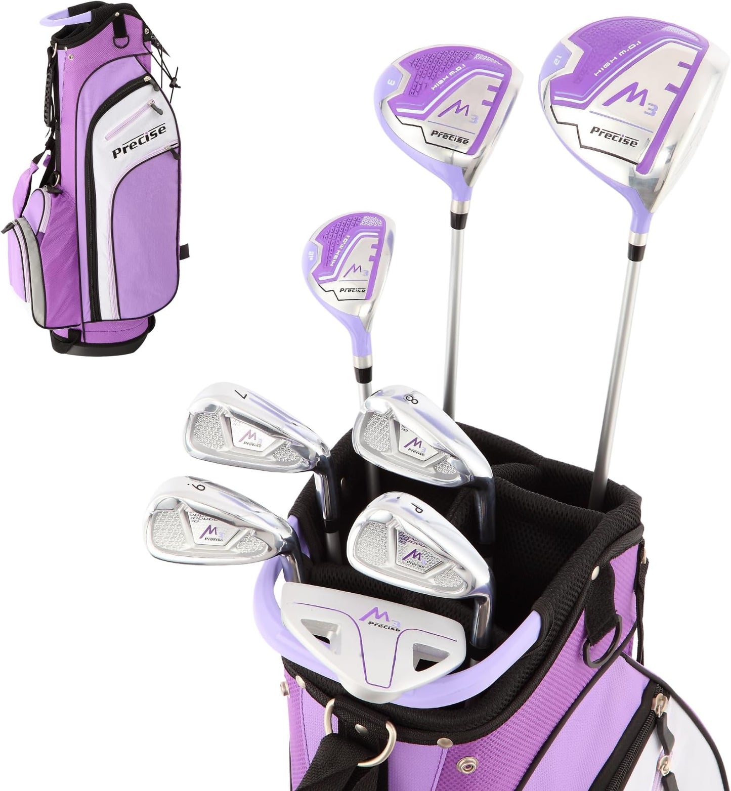 Precise M3 - Women's Complete Golf Club Set | 460cc Driver, Graphite-Shafted Fairway Wood, 7-Pw Irons & Wedge, Hybrid For Tough Lies, Petite & Regular Fit - Purple