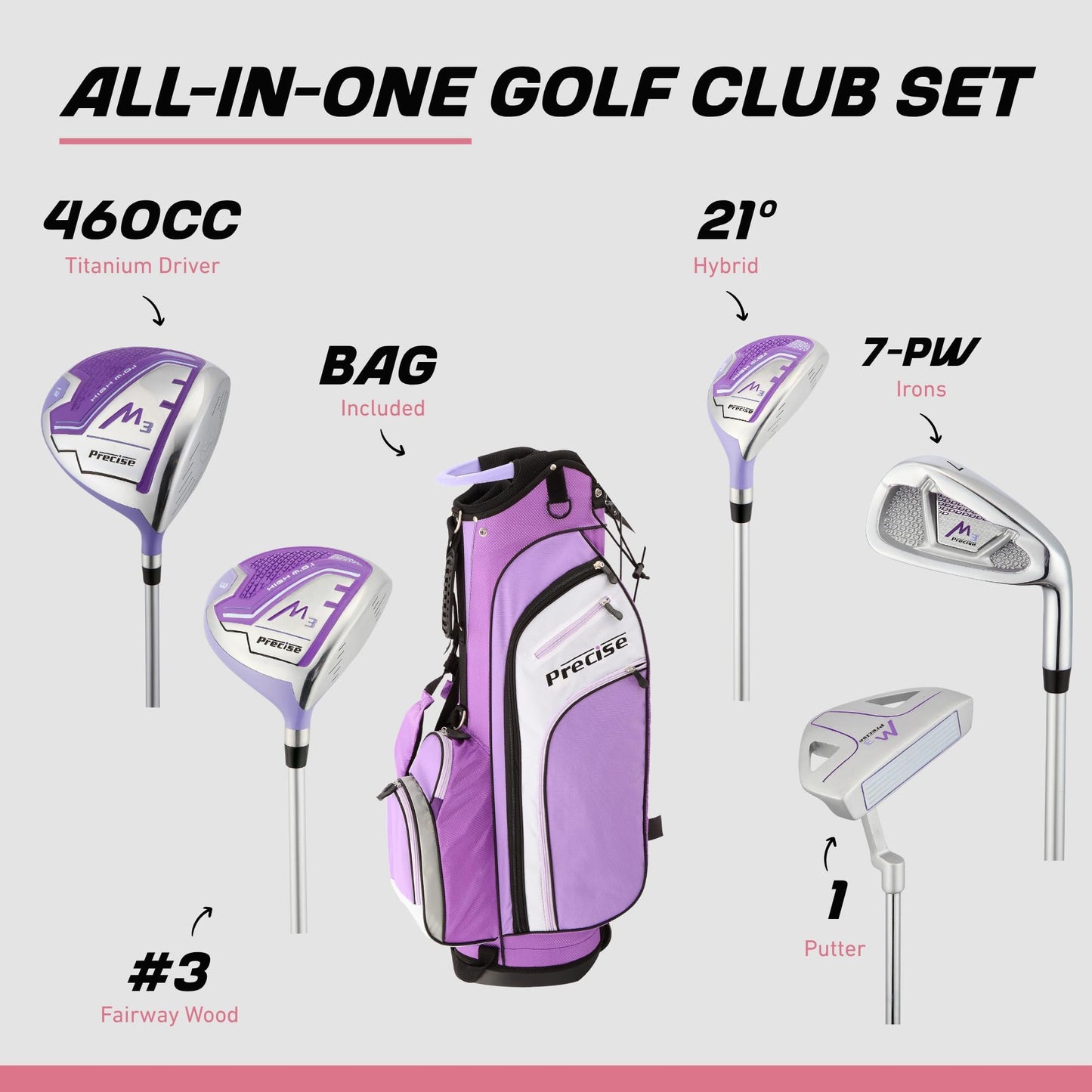 Precise M3 - Women's Complete Golf Club Set | 460cc Driver, Graphite-Shafted Fairway Wood, 7-Pw Irons & Wedge, Hybrid For Tough Lies, Petite & Regular Fit - Purple