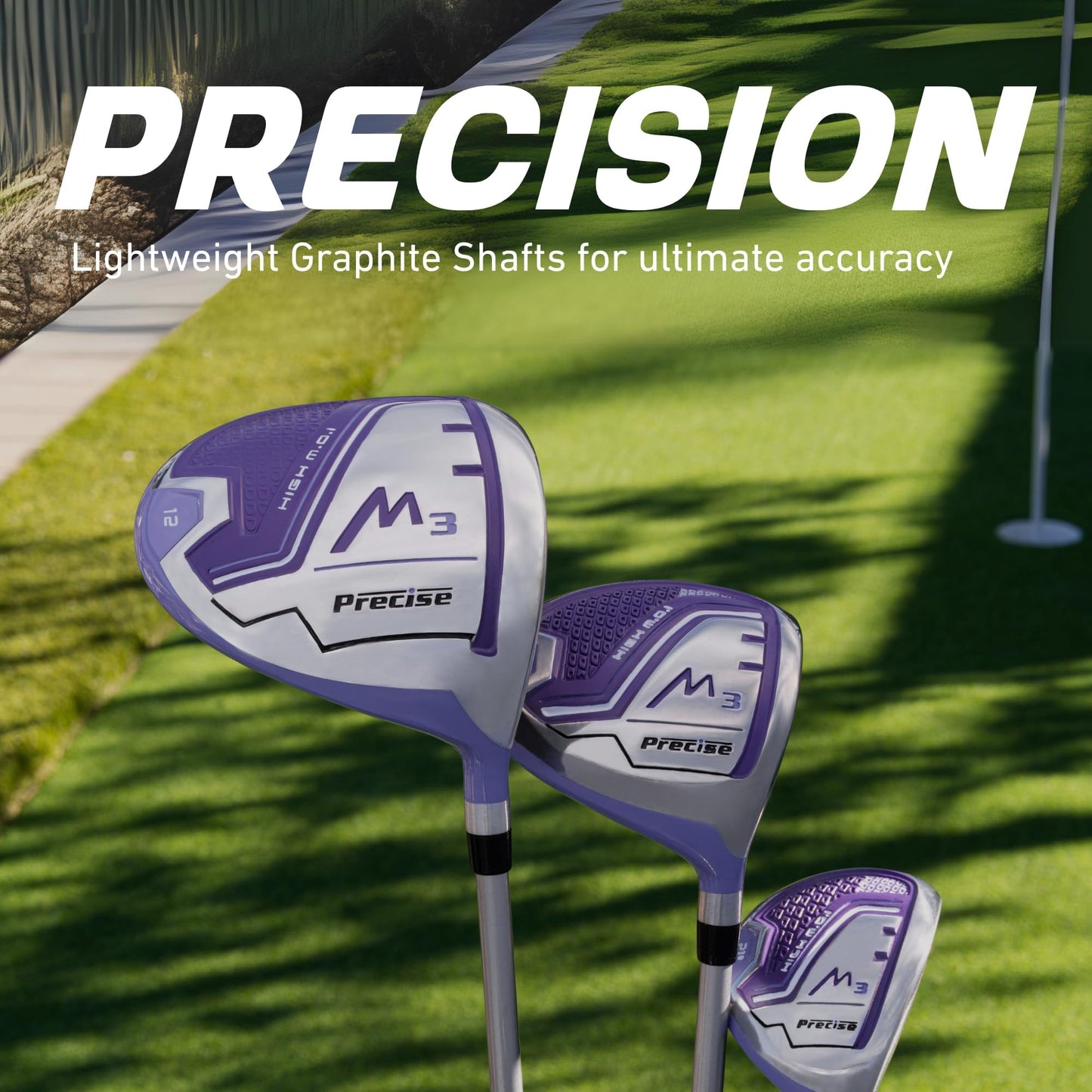 Precise M3 - Women's Complete Golf Club Set | 460cc Driver, Graphite-Shafted Fairway Wood, 7-Pw Irons & Wedge, Hybrid For Tough Lies, Petite & Regular Fit - Purple