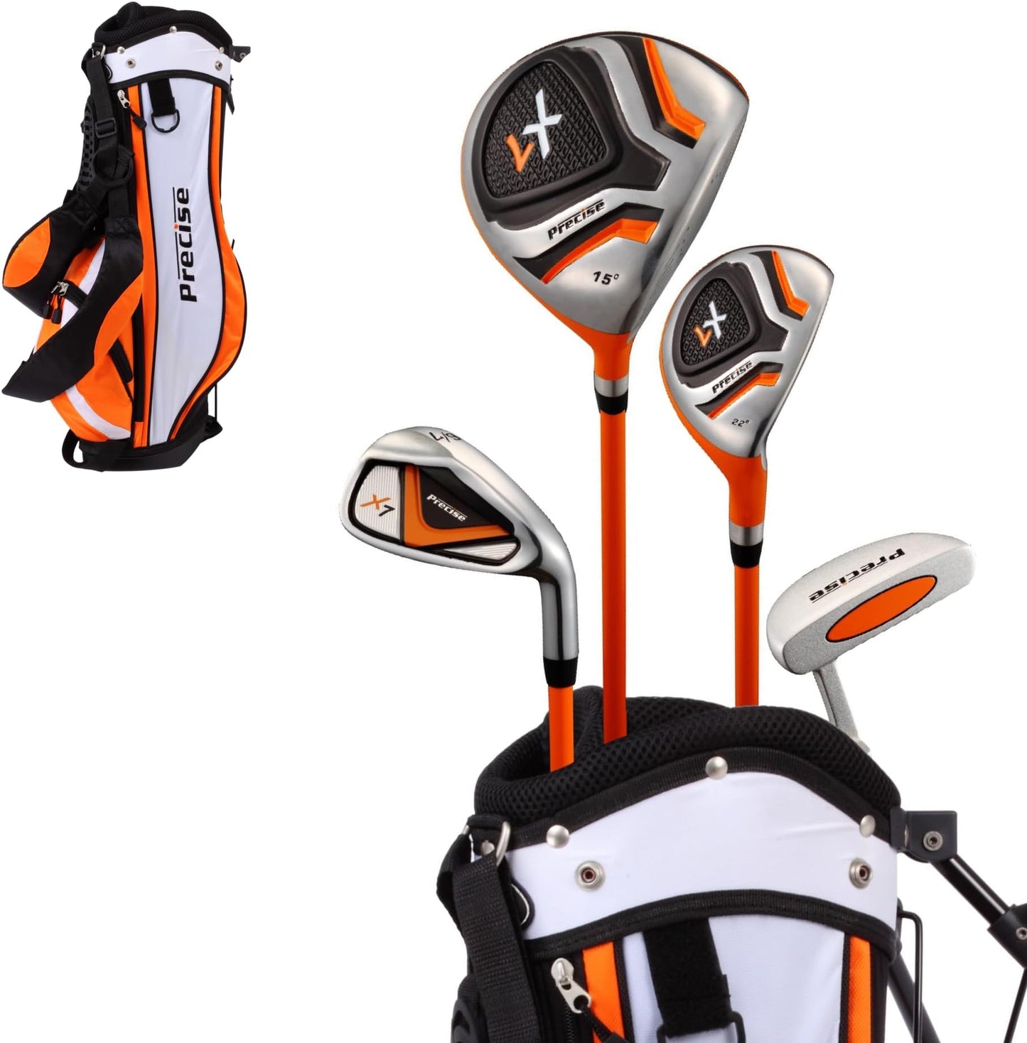 Precise X7 - Kids Complete Golf Club Set | Lightweight Graphite Shafts, Hybrid & Irons, Putter, Stand Bag Included, For Boys & Girls, Ages 3-12, Left/right Hand - Orange Ages 3-5