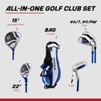 Precise X7 - Kids Complete Golf Club Set | Lightweight Graphite Shafts, Hybrid & Irons, Putter, Stand Bag Included, For Boys & Girls, Ages 3-12, Left/right Hand - Blue Ages 9-12