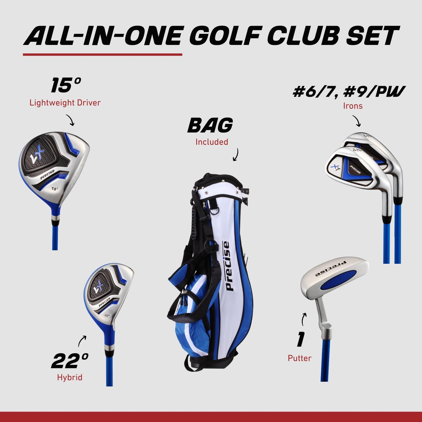 Precise X7 - Kids Complete Golf Club Set | Lightweight Graphite Shafts, Hybrid & Irons, Putter, Stand Bag Included, For Boys & Girls, Ages 3-12, Left/right Hand - Blue Ages 9-12