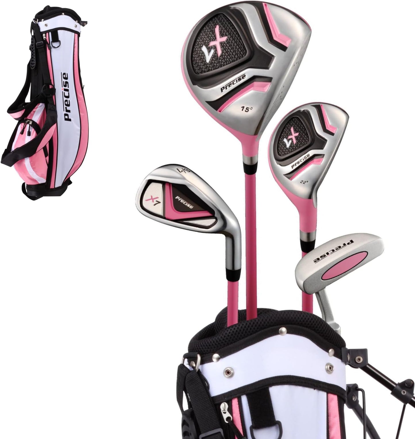 Precise X7 - Kids Complete Golf Club Set | Lightweight Graphite Shafts, Hybrid & Irons, Putter, Stand Bag Included, For Boys & Girls, Ages 3-12, Left/right Hand - Pink Ages 3-5