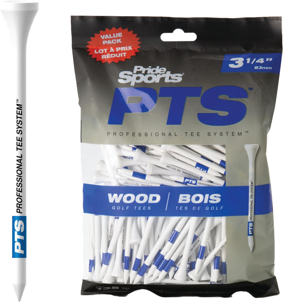 Pridesports Pts Wood Golf Tees | 135 Count, 3-1/4 Inch | #1 Wood Tee On Tour | Best For Drivers & Woods - 135 Count