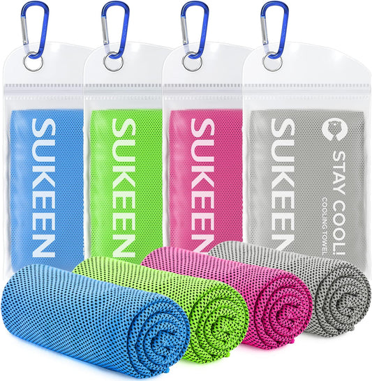 Sukeen 4 Pack Cooling Towels (40"x12"), Cooling Neck Wraps, Ice Towel, Soft Breathable Chilly Towel,microfiber Towel For Yoga,sport,running,gym,workout,camping,fitness,workout & More Activities - Blue/grey/green/pink