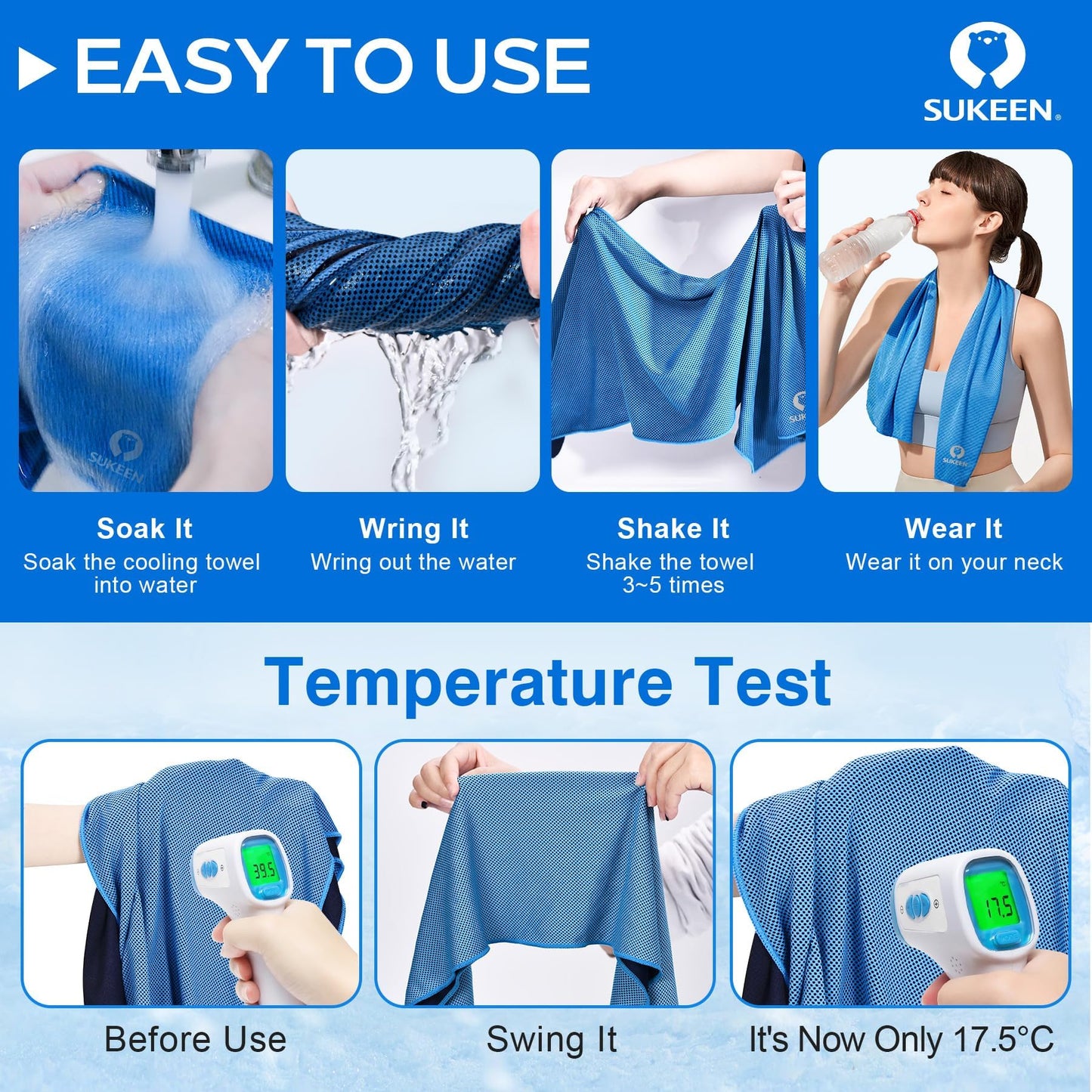 Sukeen 4 Pack Cooling Towels (40"x12"), Cooling Neck Wraps, Ice Towel, Soft Breathable Chilly Towel,microfiber Towel For Yoga,sport,running,gym,workout,camping,fitness,workout & More Activities - Blue/grey/green/pink