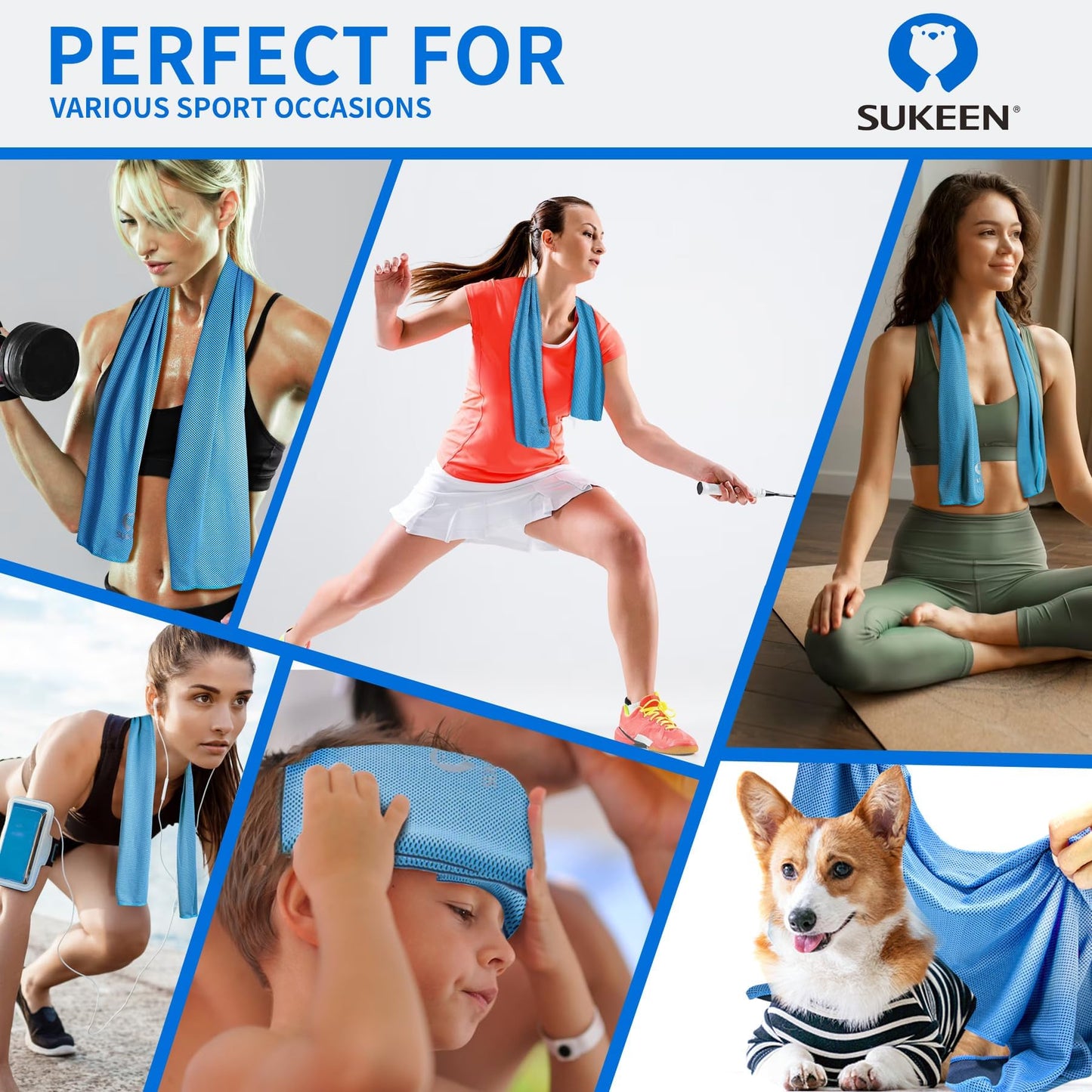 Sukeen 4 Pack Cooling Towels (40"x12"), Cooling Neck Wraps, Ice Towel, Soft Breathable Chilly Towel,microfiber Towel For Yoga,sport,running,gym,workout,camping,fitness,workout & More Activities - Blue/grey/green/pink