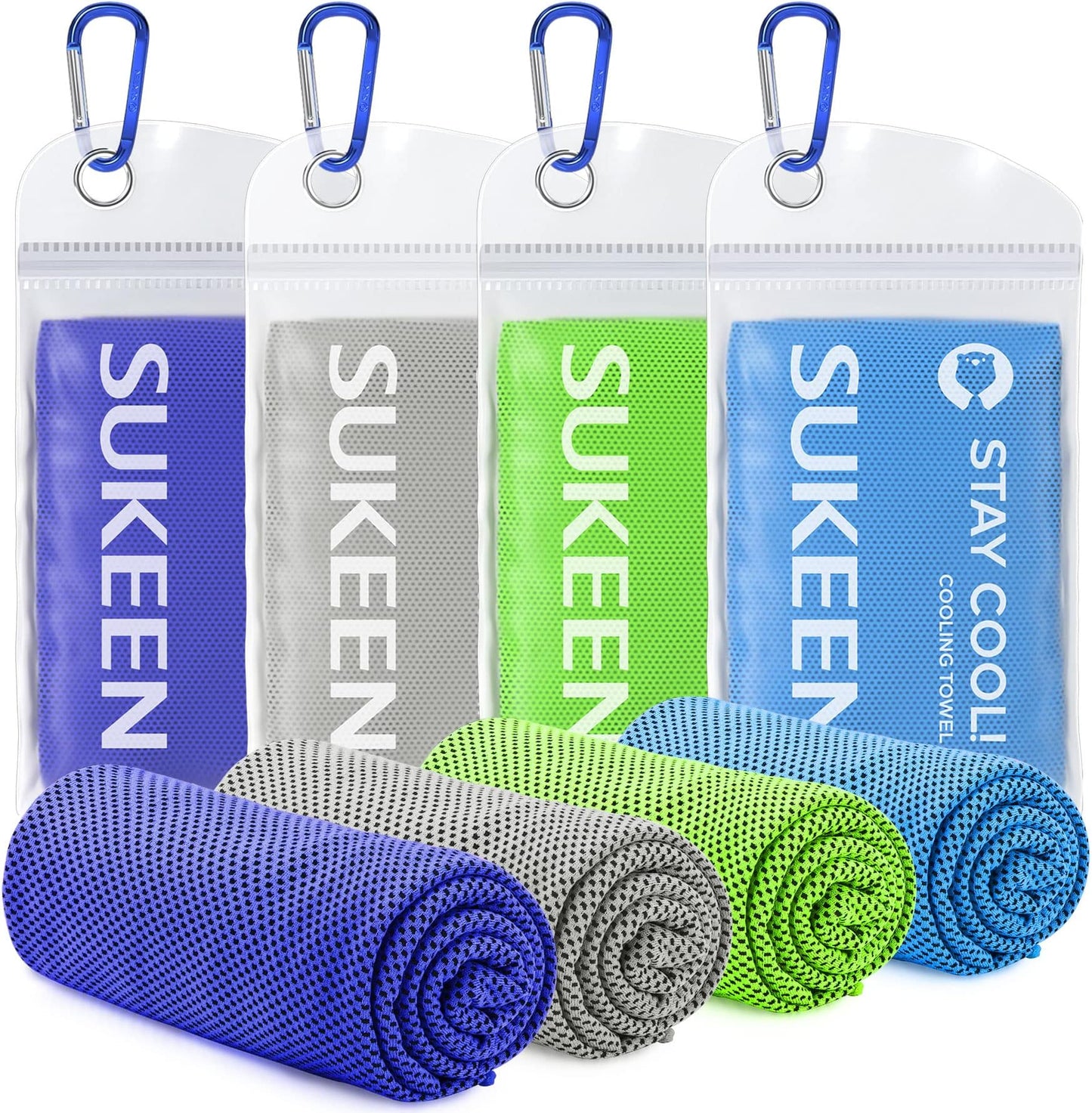 Sukeen 4 Pack Cooling Towels (40"x12"), Cooling Neck Wraps, Ice Towel, Soft Breathable Chilly Towel,microfiber Towel For Yoga,sport,running,gym,workout,camping,fitness,workout & More Activities - Dark Blue/grey/green/blue