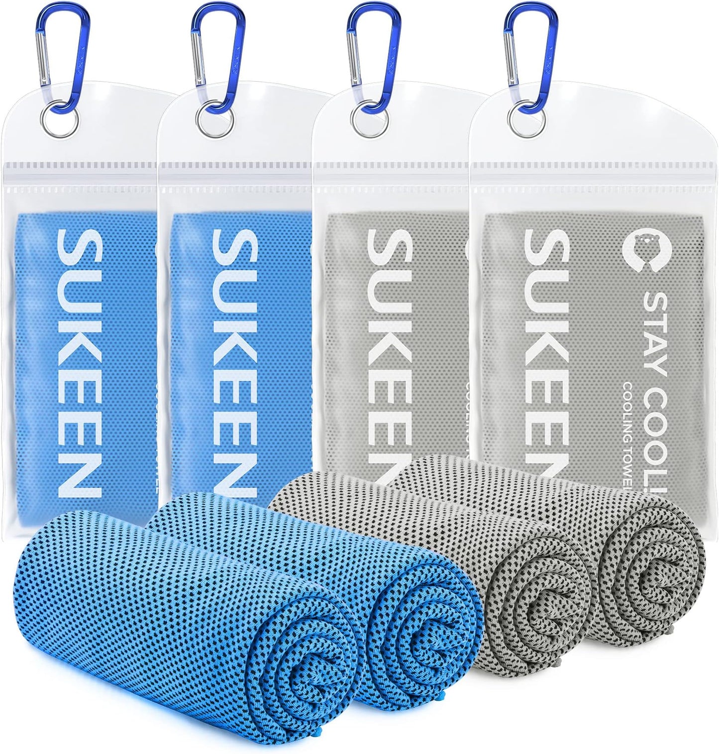 Sukeen 4 Pack Cooling Towels (40"x12"), Cooling Neck Wraps, Ice Towel, Soft Breathable Chilly Towel,microfiber Towel For Yoga,sport,running,gym,workout,camping,fitness,workout & More Activities - Grey/grey/blue/blue