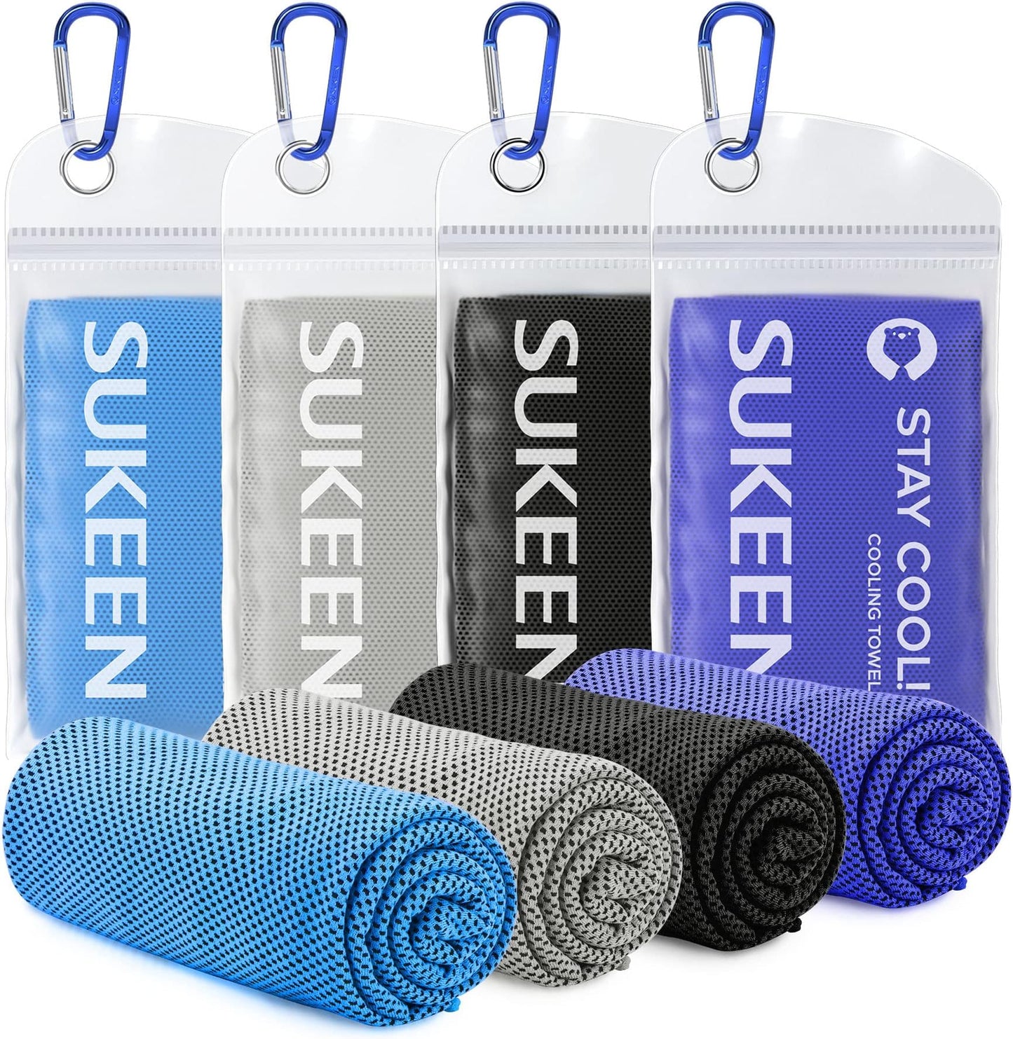 Sukeen 4 Pack Cooling Towels (40"x12"), Cooling Neck Wraps, Ice Towel, Soft Breathable Chilly Towel,microfiber Towel For Yoga,sport,running,gym,workout,camping,fitness,workout & More Activities - Blue/grey/royal Blue/black