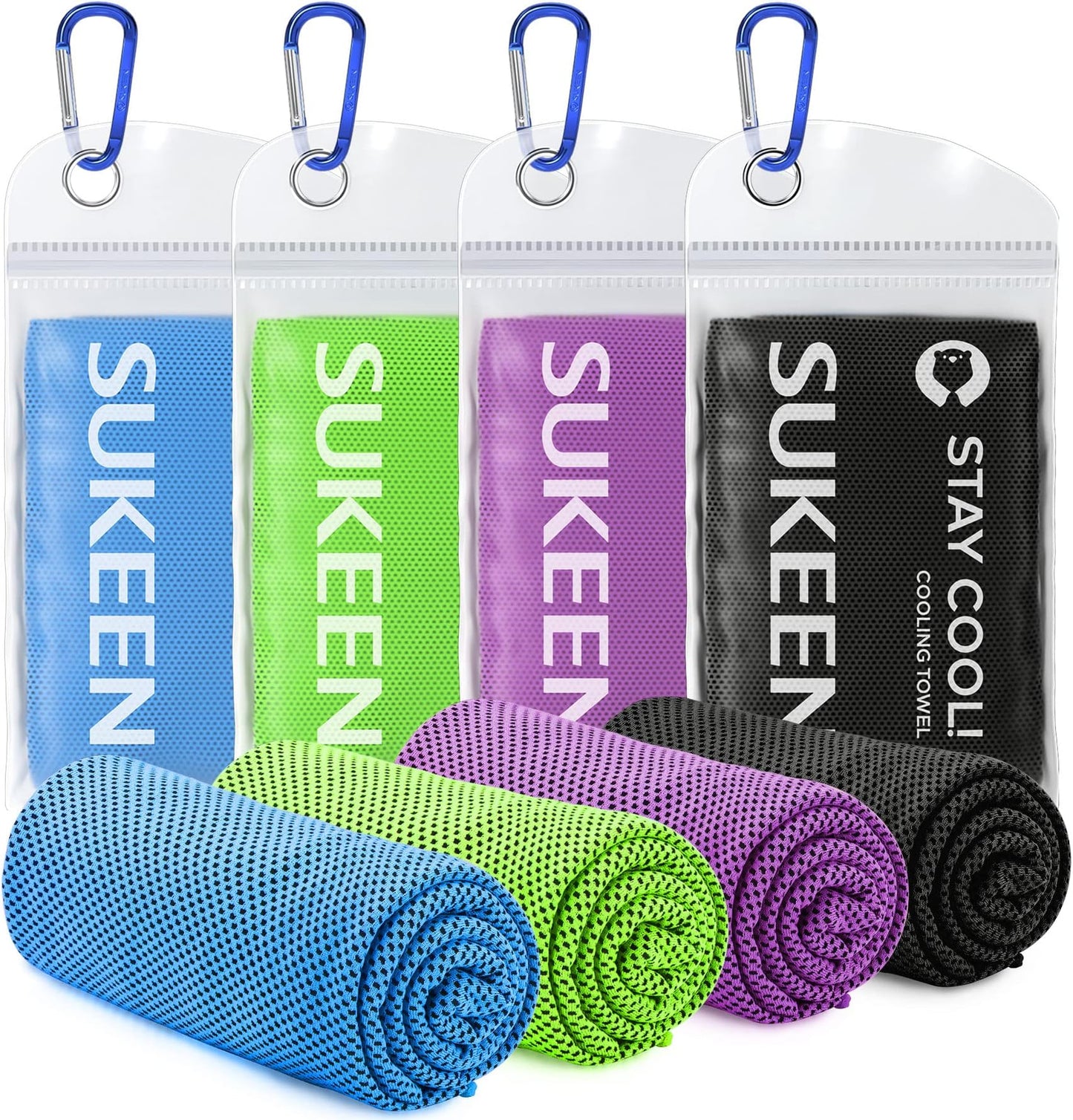 Sukeen 4 Pack Cooling Towels (40"x12"), Cooling Neck Wraps, Ice Towel, Soft Breathable Chilly Towel,microfiber Towel For Yoga,sport,running,gym,workout,camping,fitness,workout & More Activities - Blue/purple/black/green