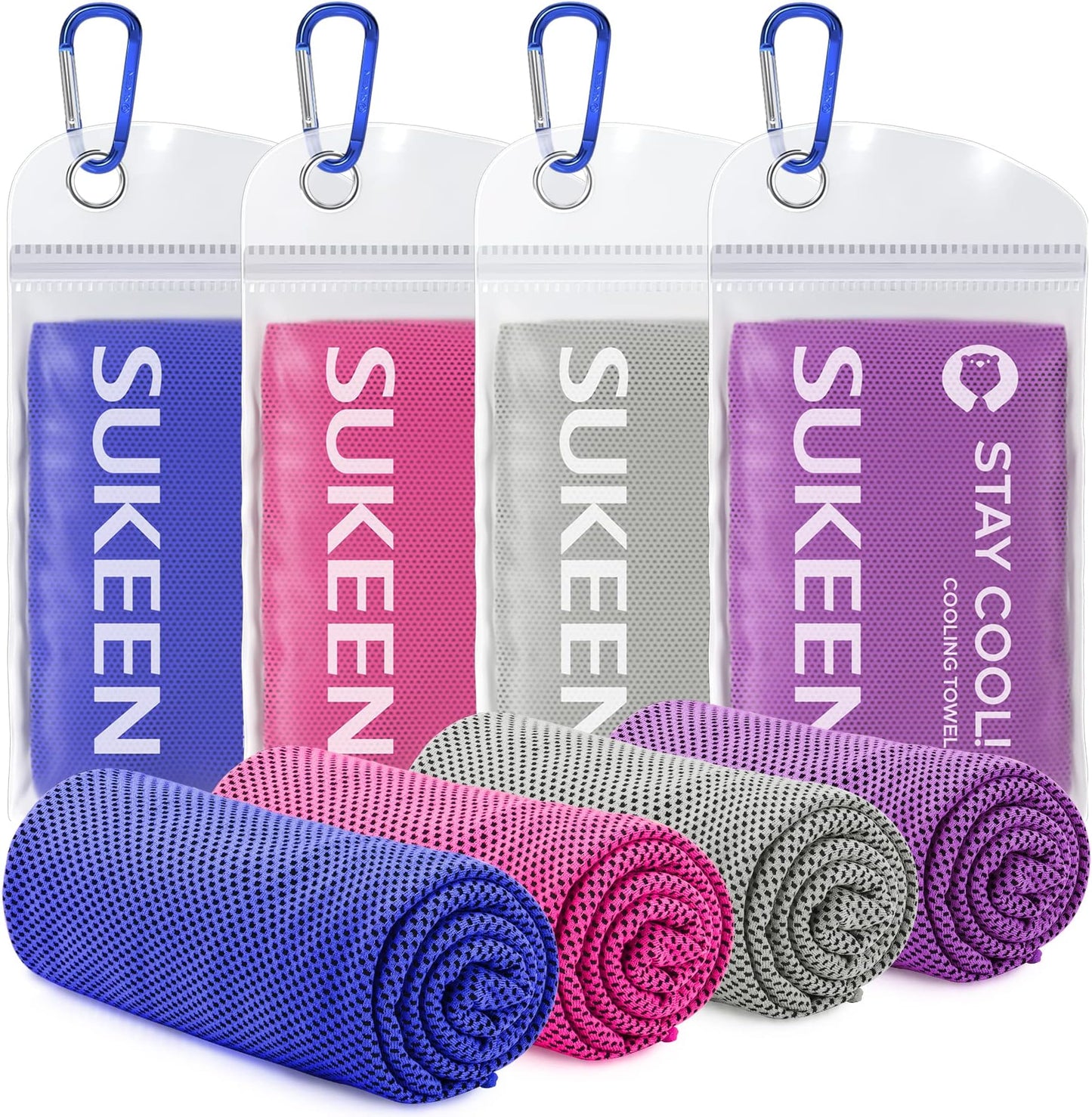 Sukeen 4 Pack Cooling Towels (40"x12"), Cooling Neck Wraps, Ice Towel, Soft Breathable Chilly Towel,microfiber Towel For Yoga,sport,running,gym,workout,camping,fitness,workout & More Activities - Dark Blue/pink/grey/purple