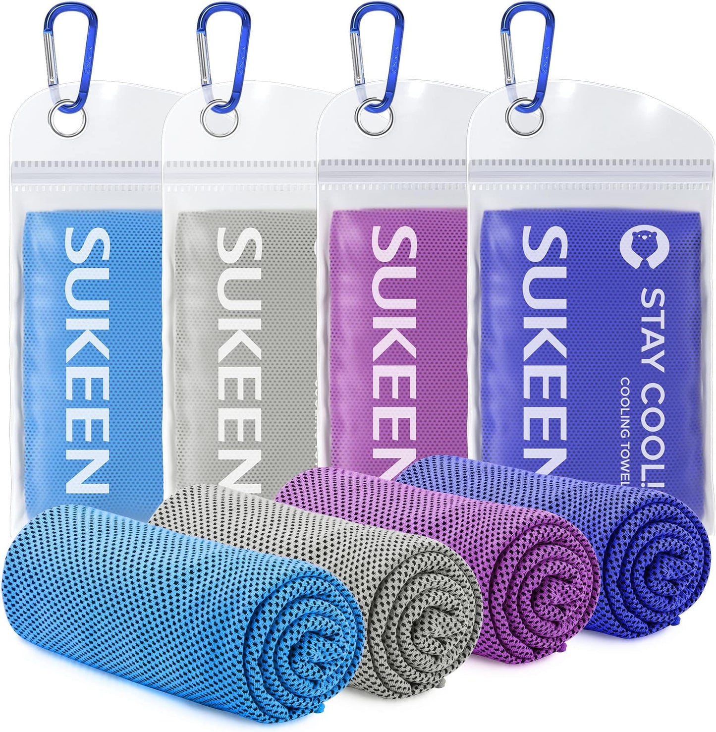 Sukeen 4 Pack Cooling Towels (40"x12"), Cooling Neck Wraps, Ice Towel, Soft Breathable Chilly Towel,microfiber Towel For Yoga,sport,running,gym,workout,camping,fitness,workout & More Activities - Blue/grey/purple/dark Blue