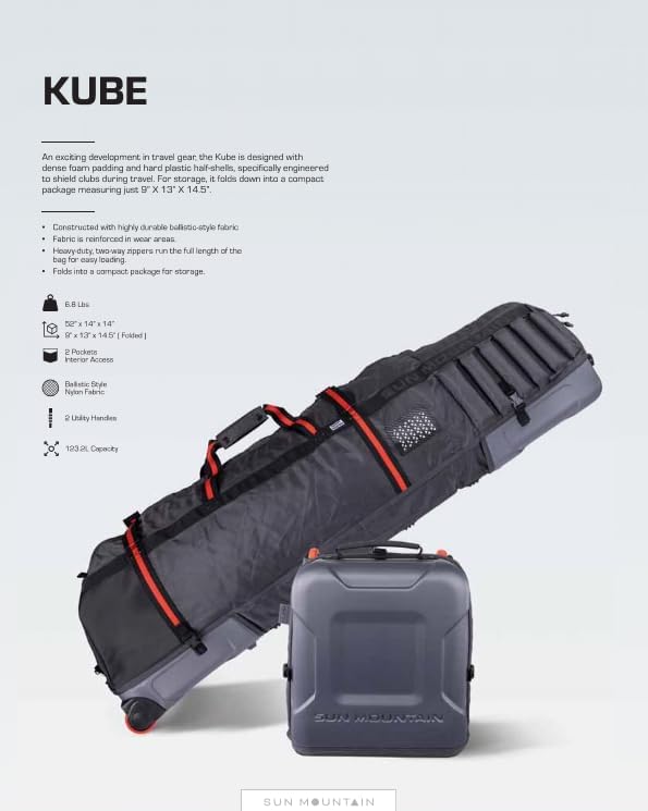Sun Mountain Kube Golf Travel Bag - 2-Wheel Rolling System, Compact Folding For Easy Storage & Travel Convenience - Steel-Black-Rush Red