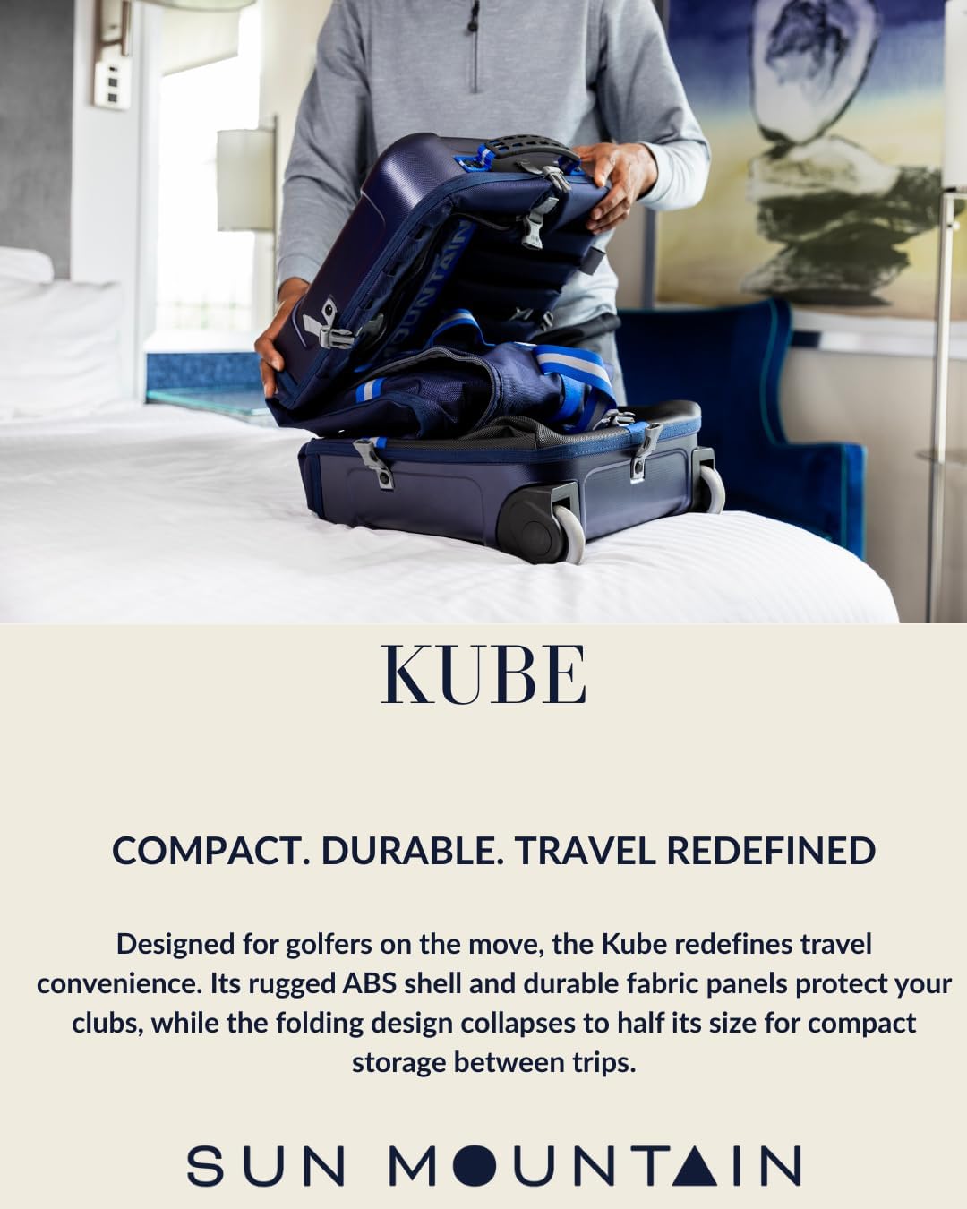 Sun Mountain Kube Golf Travel Bag - 2-Wheel Rolling System, Compact Folding For Easy Storage & Travel Convenience - Steel-Black-Rush Red