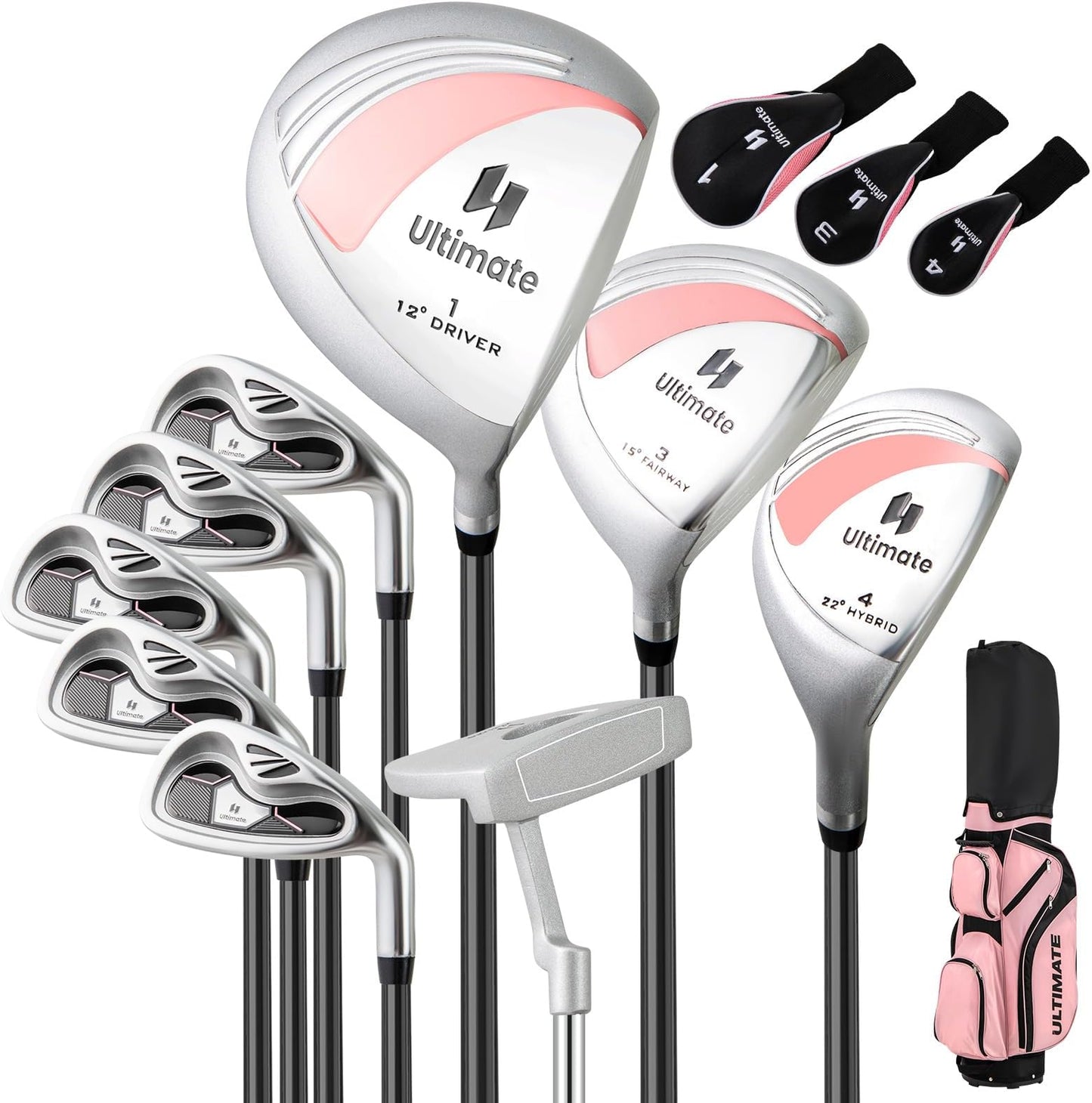 Tangkula 9/10/12 Pieces Women's Complete Golf Clubs Set, Golf Club Package Set With 460cc Driver, Fairway Wood & Hybrid, Irons, Putter, Portable Regular Golf Club Set - Pink