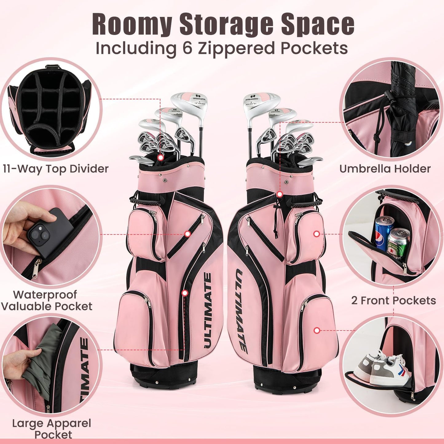 Tangkula 9/10/12 Pieces Women's Complete Golf Clubs Set, Golf Club Package Set With 460cc Driver, Fairway Wood & Hybrid, Irons, Putter, Portable Regular Golf Club Set - Pink