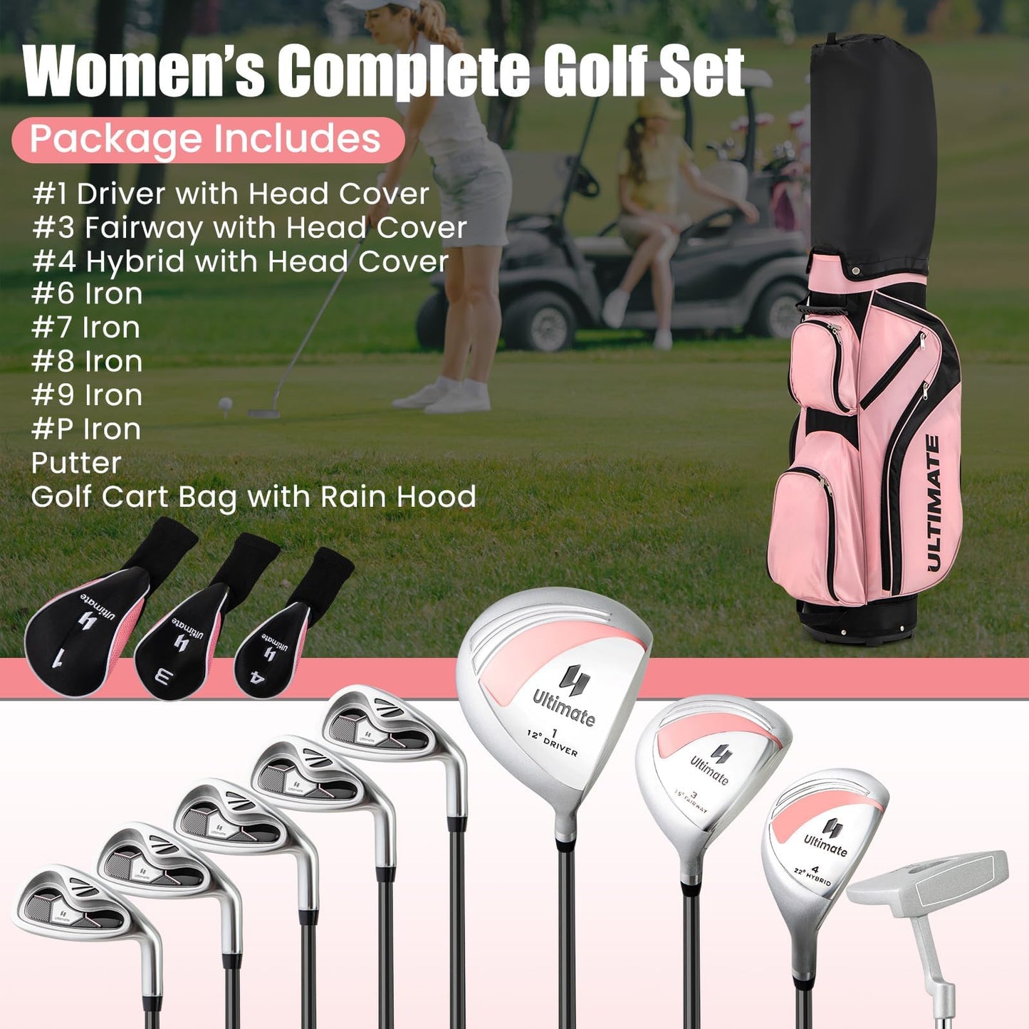 Tangkula 9/10/12 Pieces Women's Complete Golf Clubs Set, Golf Club Package Set With 460cc Driver, Fairway Wood & Hybrid, Irons, Putter, Portable Regular Golf Club Set - Pink