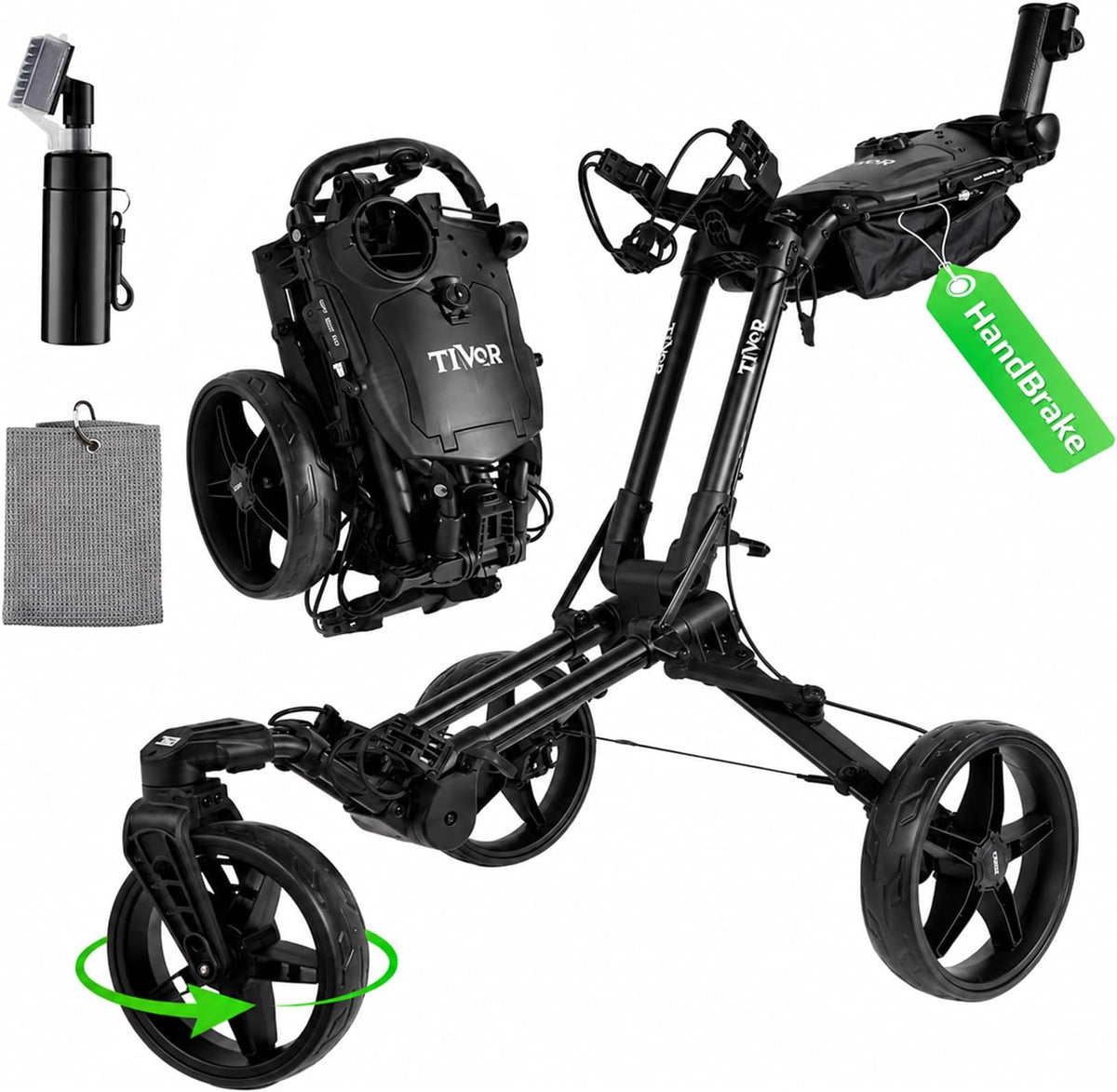 Tivor Golf Push Cart with 360° Front Wheels & Handbrake, 3-Wheel One-Click Folding