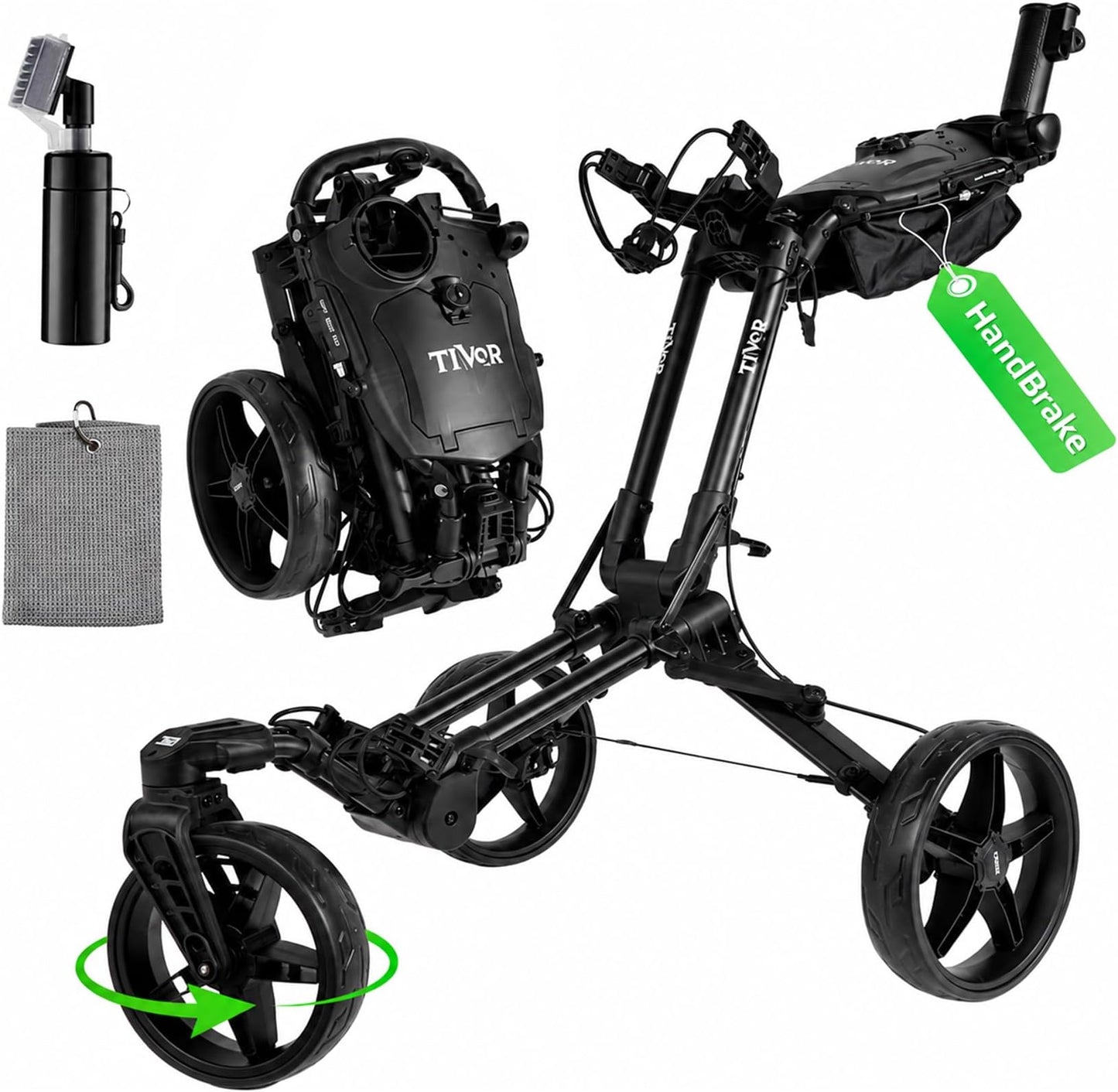 Tivor Golf Push Cart with 360° Front Wheels & Handbrake, 3-Wheel One-Click Folding