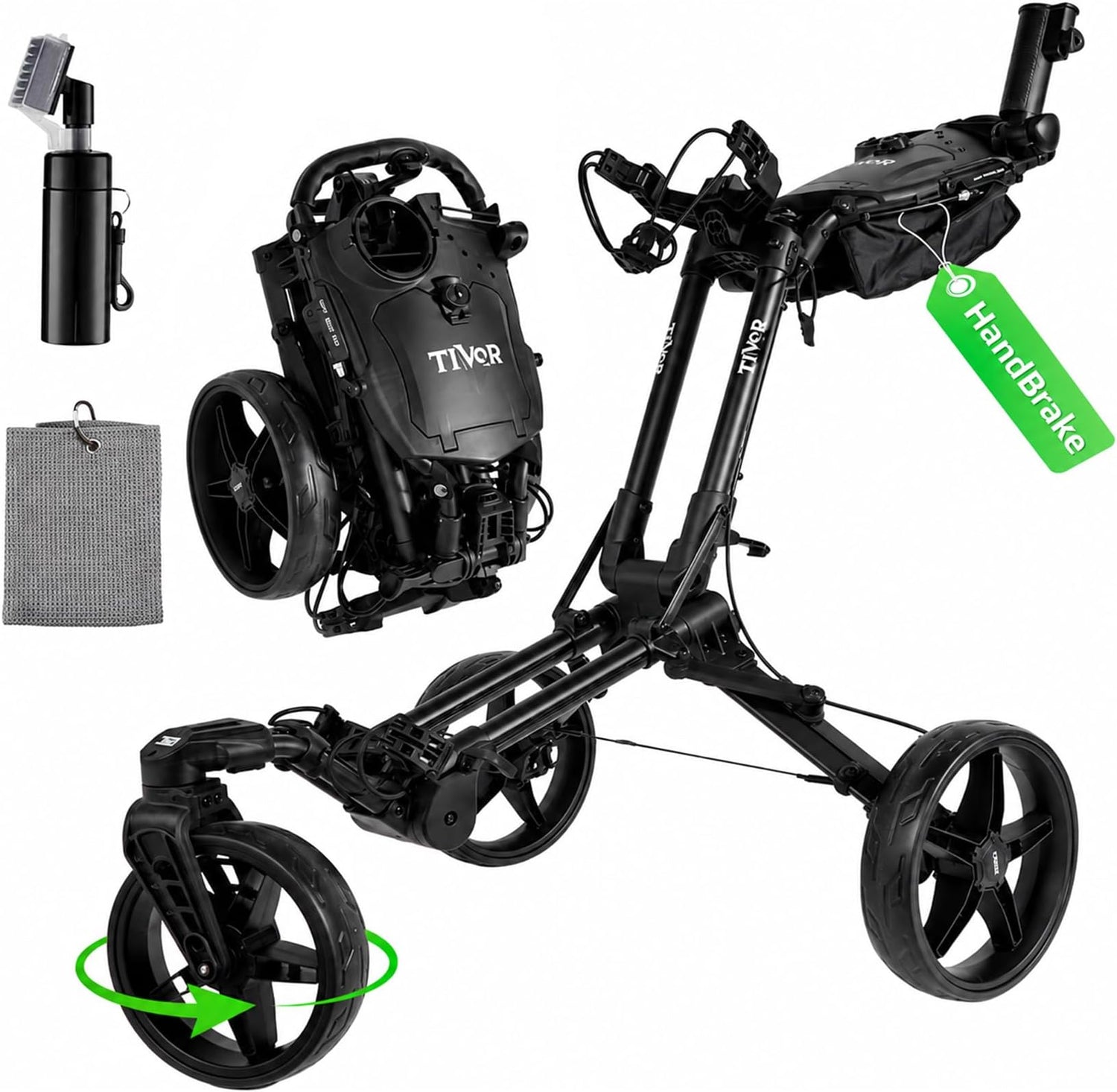 Tivor Golf Push Cart with 360° Front Wheels & Handbrake, 3-Wheel One-Click Folding