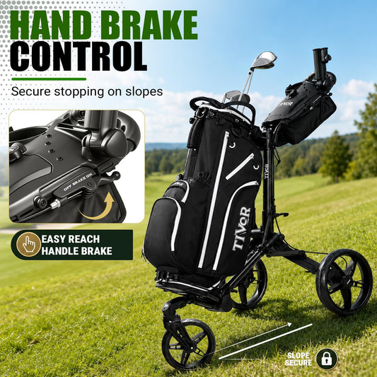 Tivor Golf Push Cart with 360° Front Wheels & Handbrake, 3-Wheel One-Click Folding