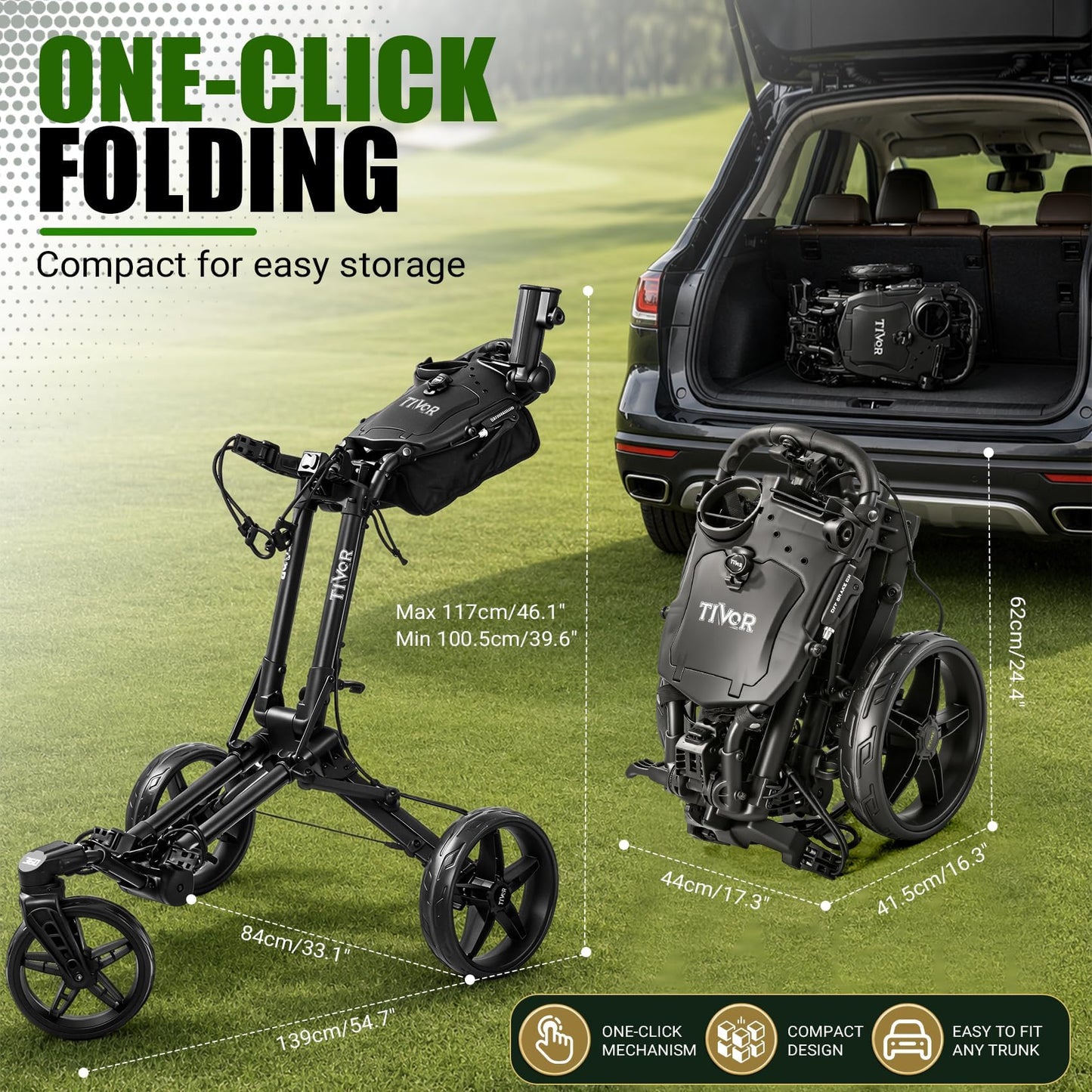 Tivor Golf Push Cart with 360° Front Wheels & Handbrake, 3-Wheel One-Click Folding