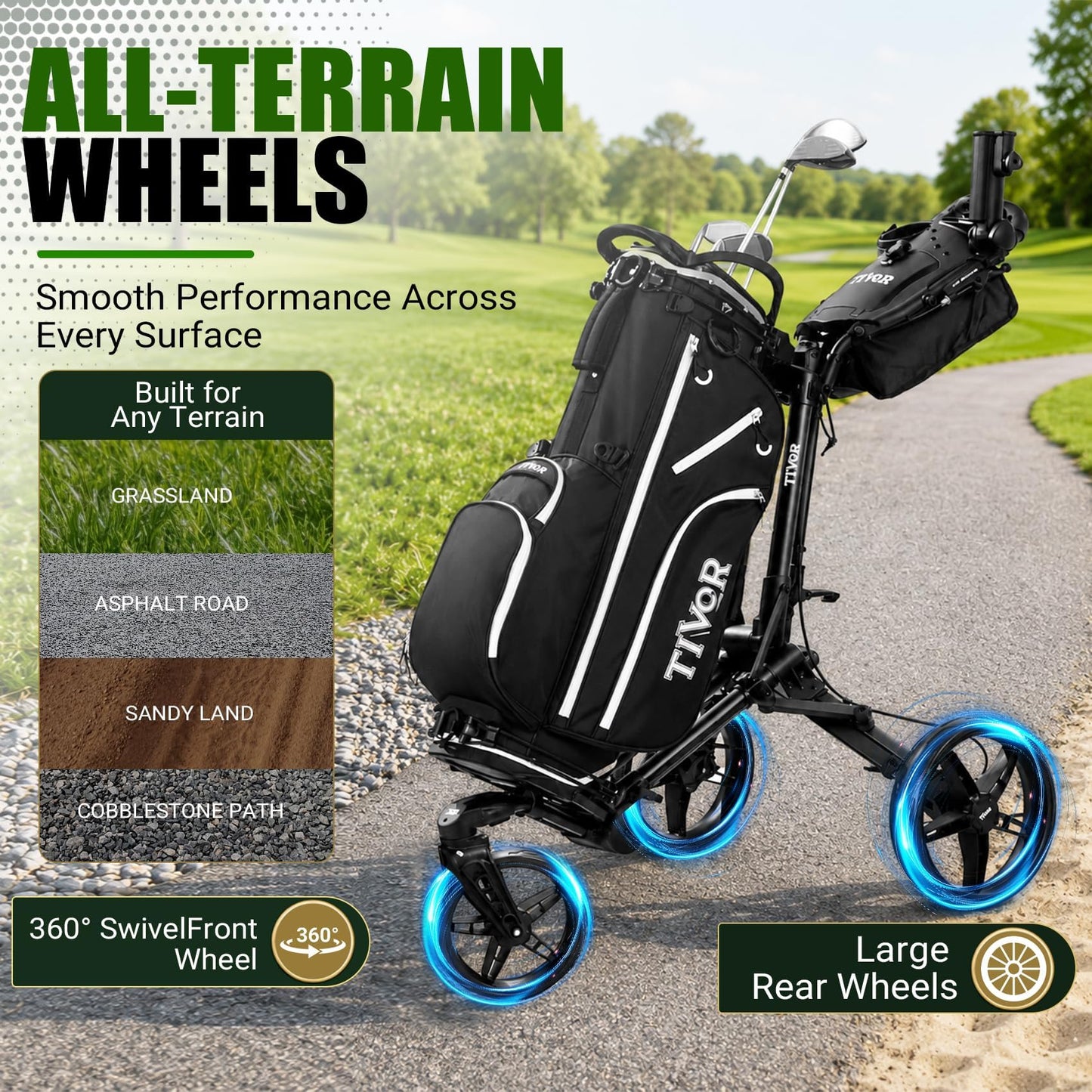 Tivor Golf Push Cart with 360° Front Wheels & Handbrake, 3-Wheel One-Click Folding