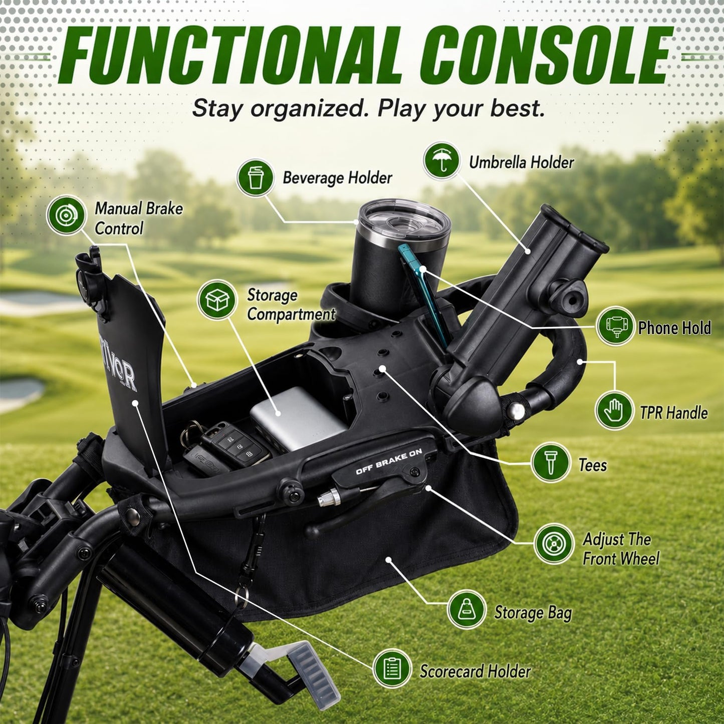 Tivor Golf Push Cart with 360° Front Wheels & Handbrake, 3-Wheel One-Click Folding