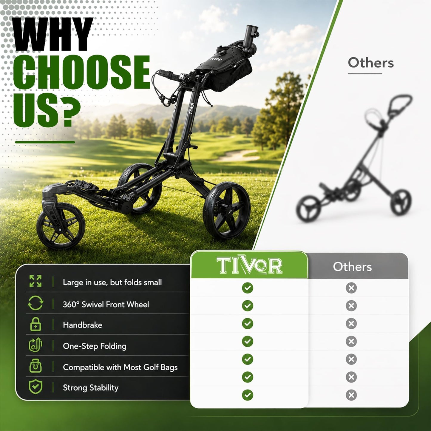 Tivor Golf Push Cart with 360° Front Wheels & Handbrake, 3-Wheel One-Click Folding