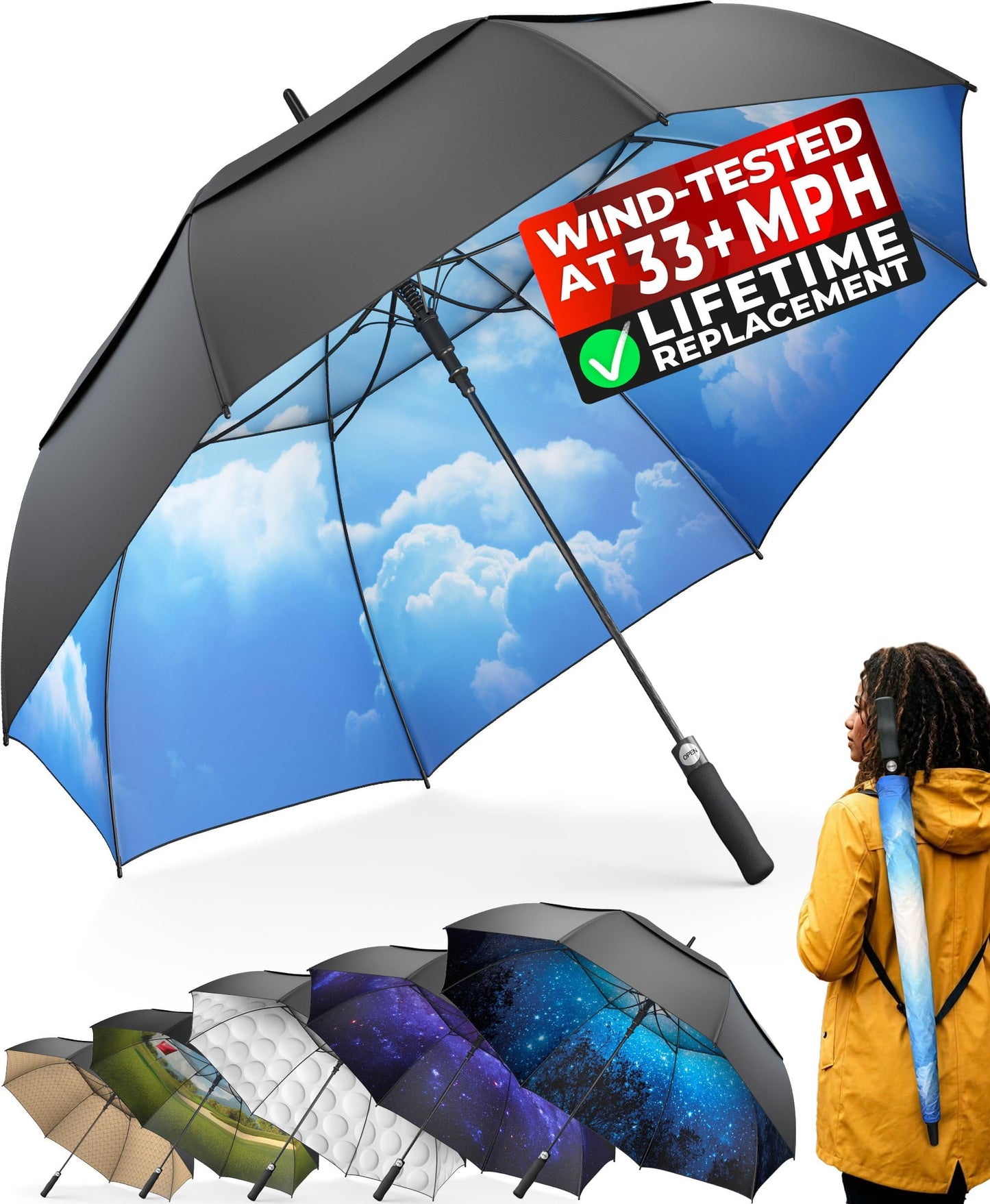 Tumella Golf Umbrella 62 Inch Windproof, Extra Large Auto Open, Double Canopy, Heavy Duty Rain Protection For Golf, Sports & Family Use, Wind Resistant & Tested 33+ Mph - Blue Skies